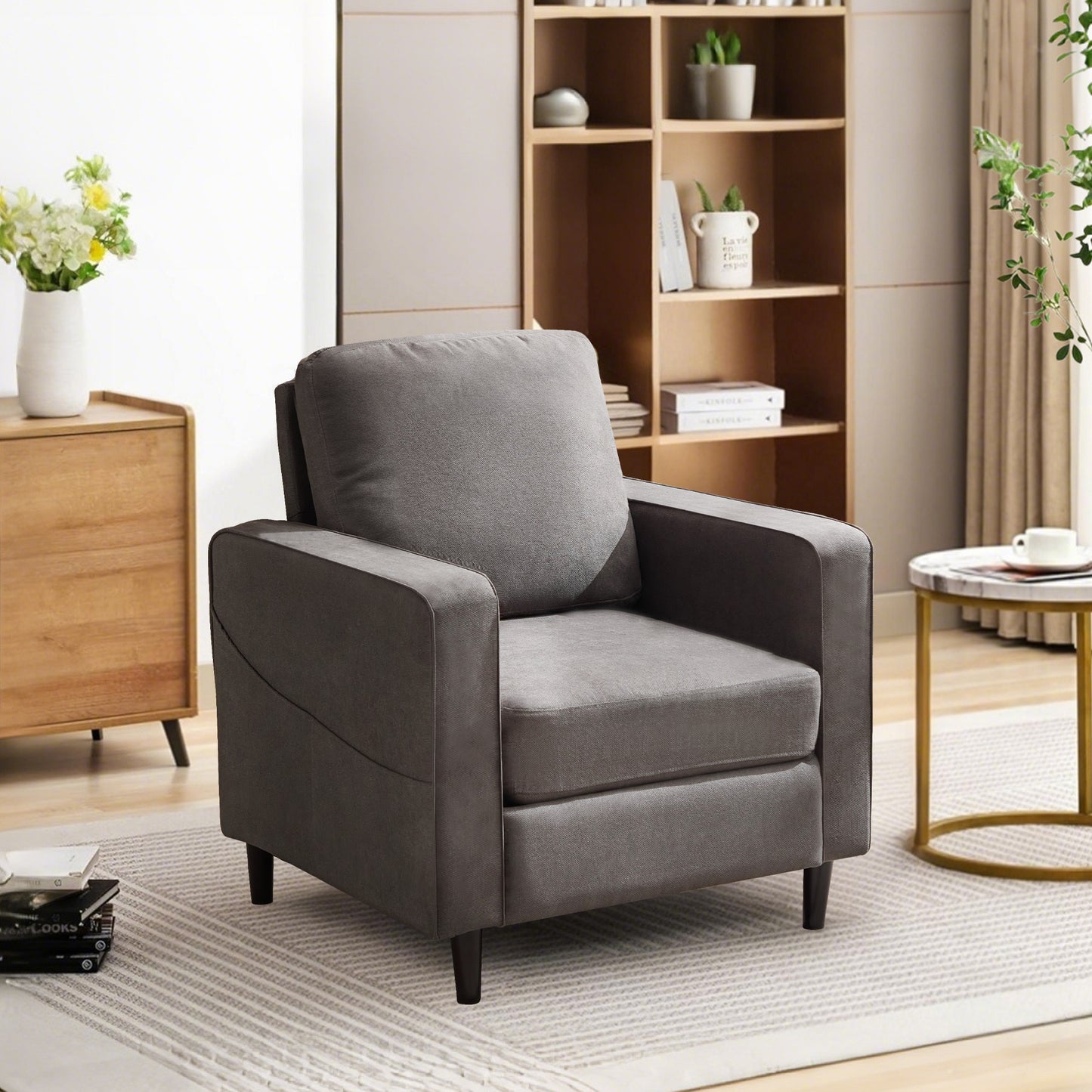 Mid-Century Accent Chair ,Modern Linen Fabric Armchair for Living Room,Double side pockets,, comfortable and padded reading feature sofa chair, suitable for bedrooms, living rooms, and offices(1 piece