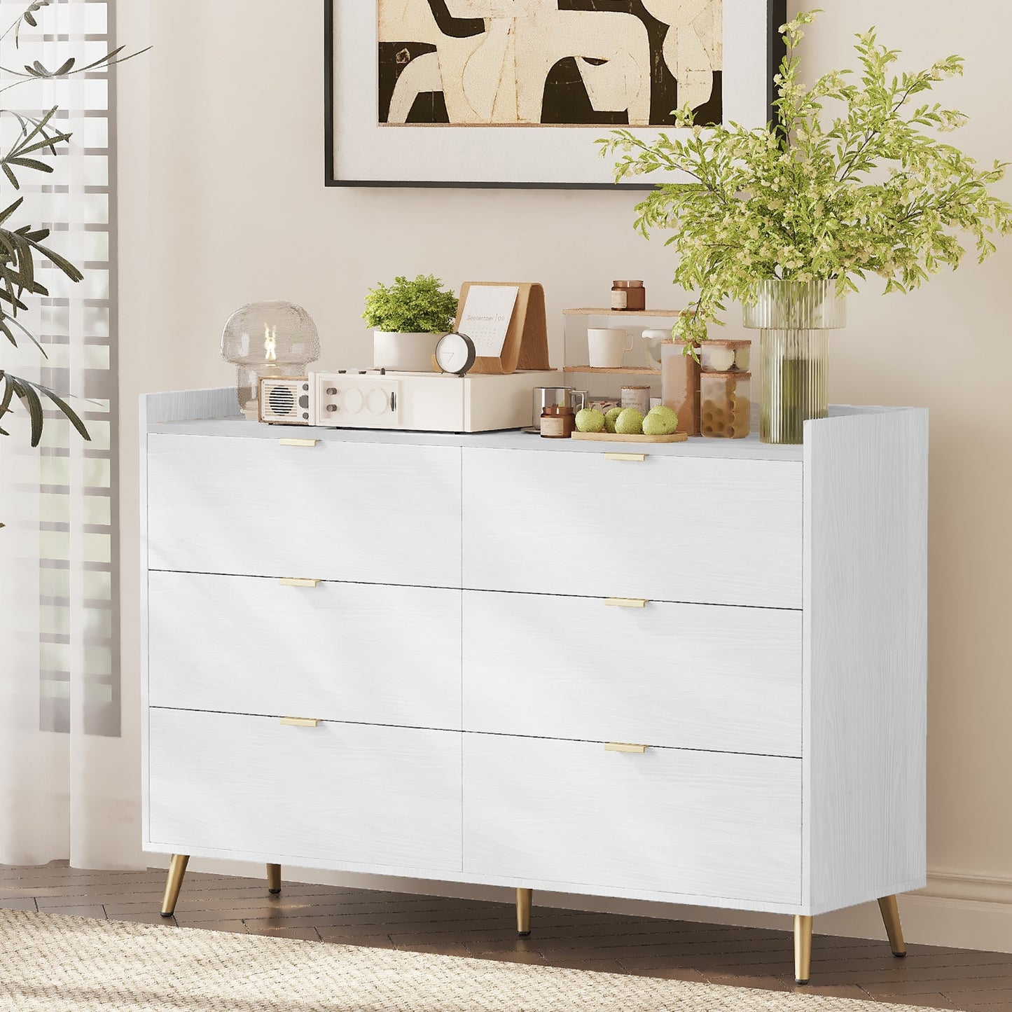 55' Long 6 Drawer Dresser with Marbling Worktop, Mordern Storage Cabinet with Metal Leg and Handle for Bedroom, White