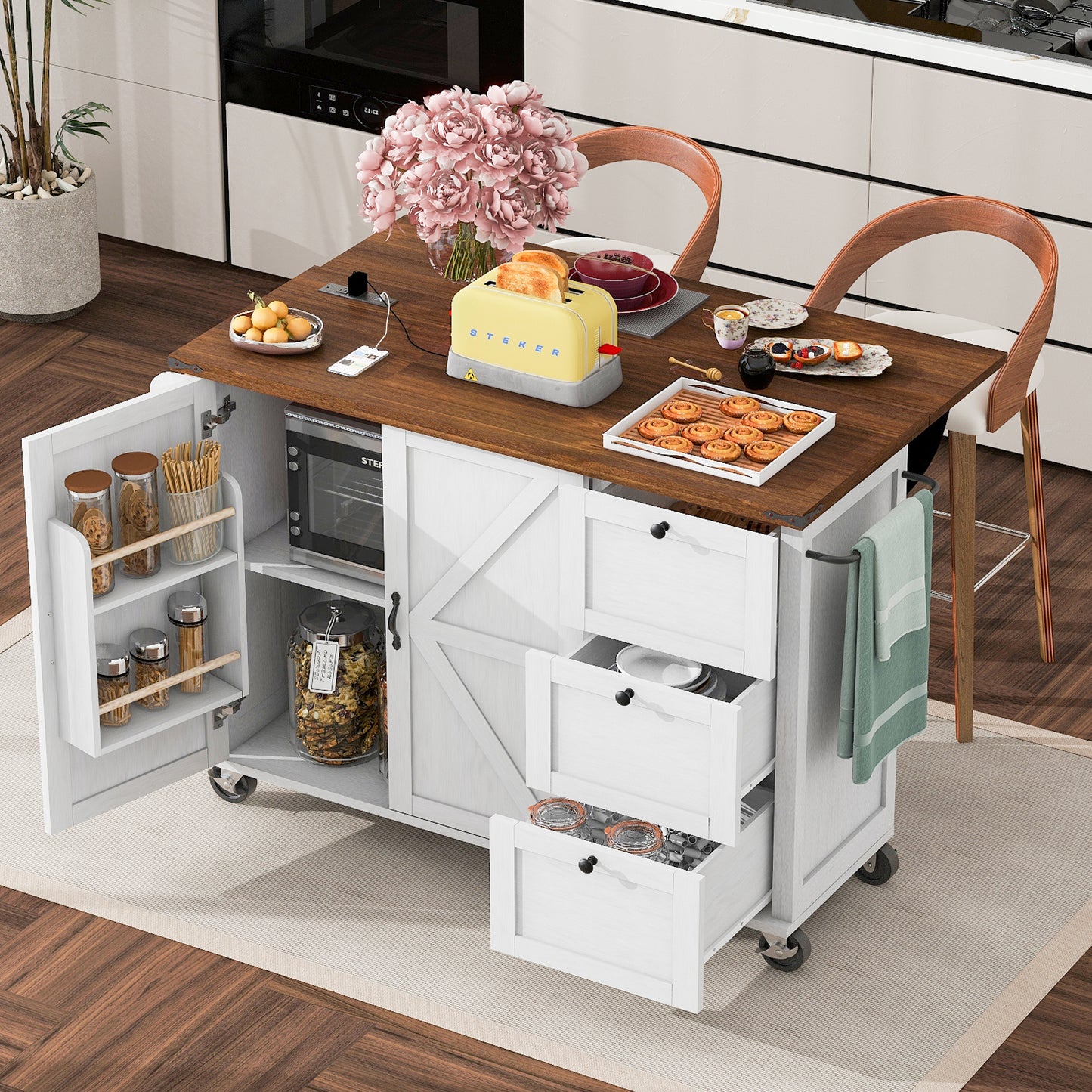 K&K 54.5' Farmhouse Kitchen Island with Power Outlet, Kitchen Storage Island with Internal Storage Rack, Drop Leaf, Spice Rack, Rolling Kitchen Cart on Wheels, for Home, Kitchen and Dining Room,White
