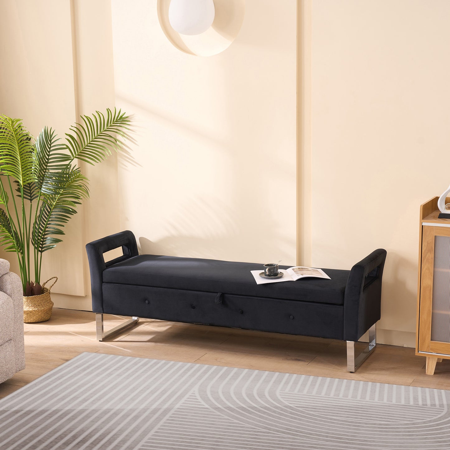 67.91'Wide Velvet Storage Soft Bench with Armrests for Living Room, Entryway and Bedroom. Black