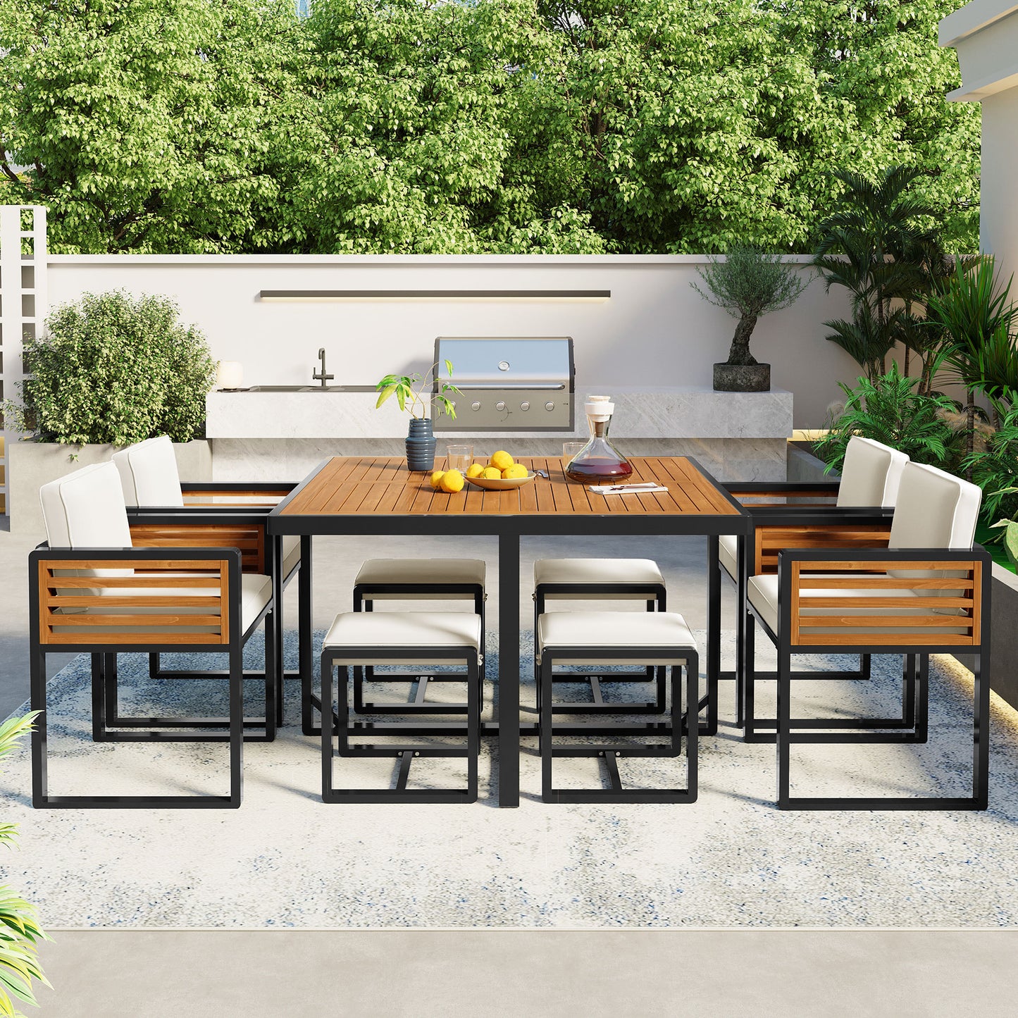 GO 9-Pieces Acacia Wood Patio Dining Set, Space Saving Outdoor Patio Set, 4 Cushioned Chairs & 4 Ottomans & 1 Square Table, for Backyard, Garden, Deck and Poolside, Beige