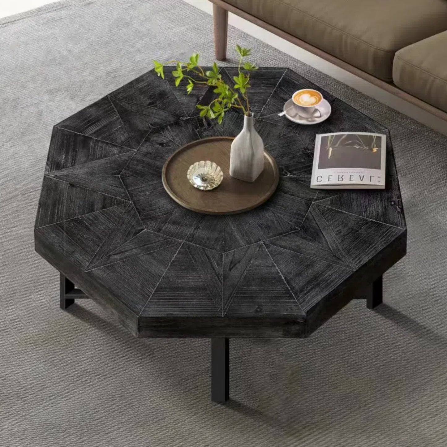 Wood Octagonal Vintage Patchwork Craft Farmhouse 30 Inch Wooden Table Top Cross Metal Legs Coffee Table for Living Room(Antique Black)