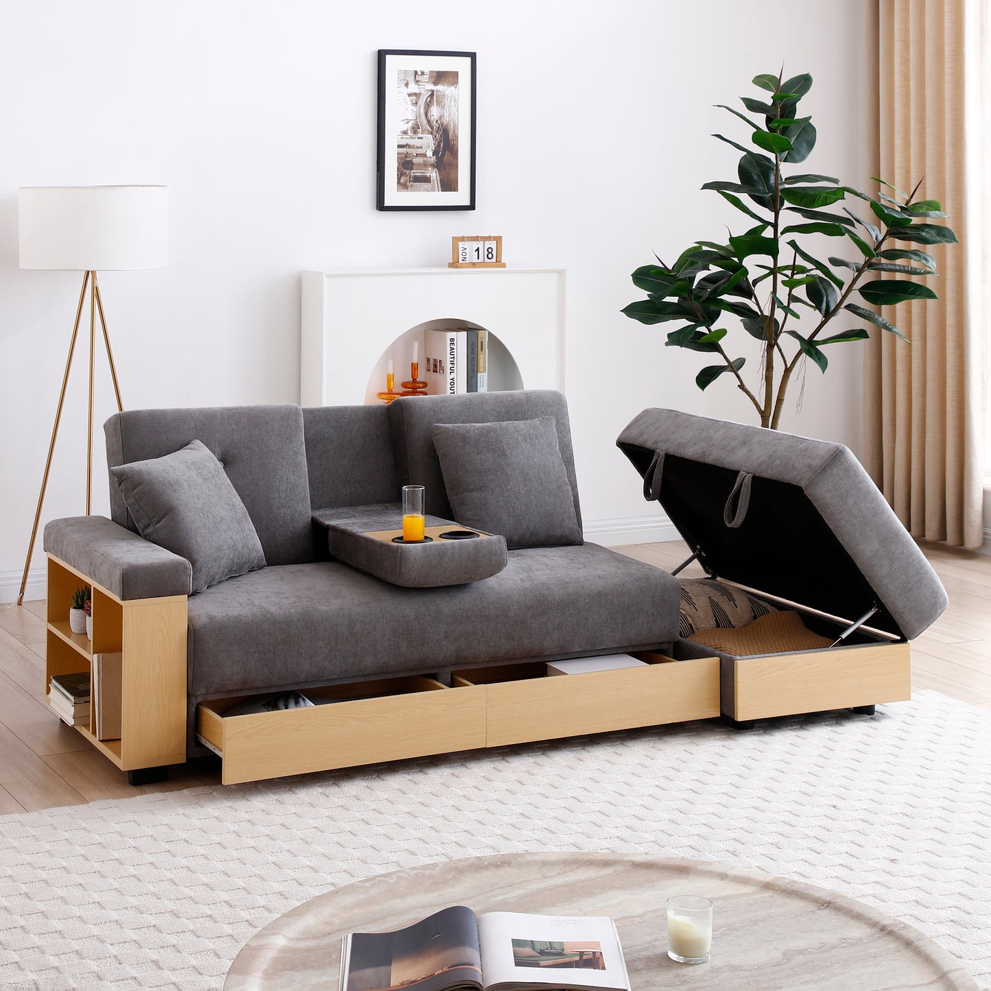 Convertible Sleeper Sofa Couch,Multifunctional Double Folding Sofa Bed,Storage Ottoman and Sofa arm with box and drawer, Drop Down Table with 2Cup Holders for Living room,Apartment,Office,Grey