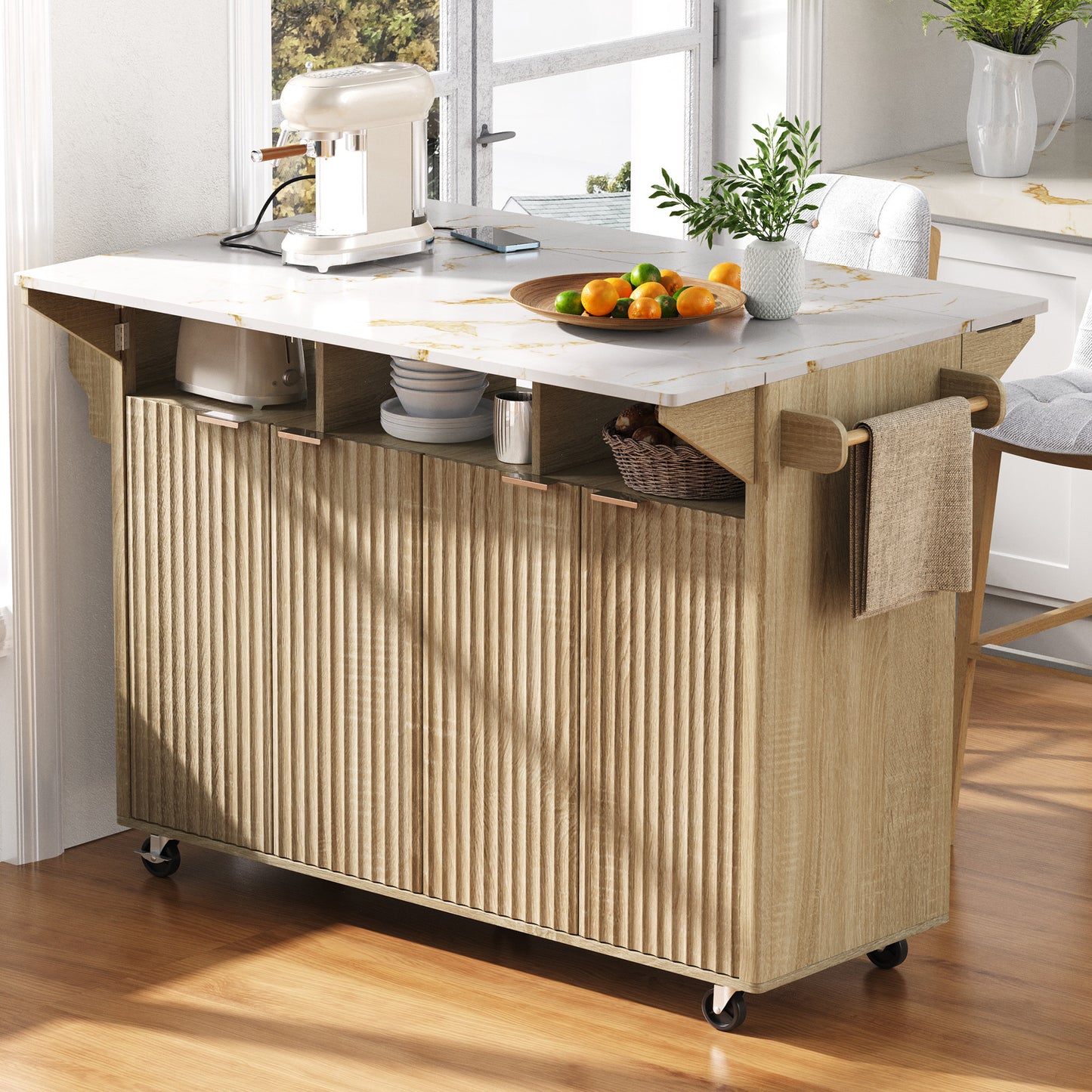 K&K 55.5' Fluted Kitchen Island with 2 Drop Leaf, Kitchen Storage Cart with Power Outlet, 4 Doors, Spice rack, Rolling Island Table with Faux Marble Top, Curved Edge for Kitchen, Dining Room,Natural