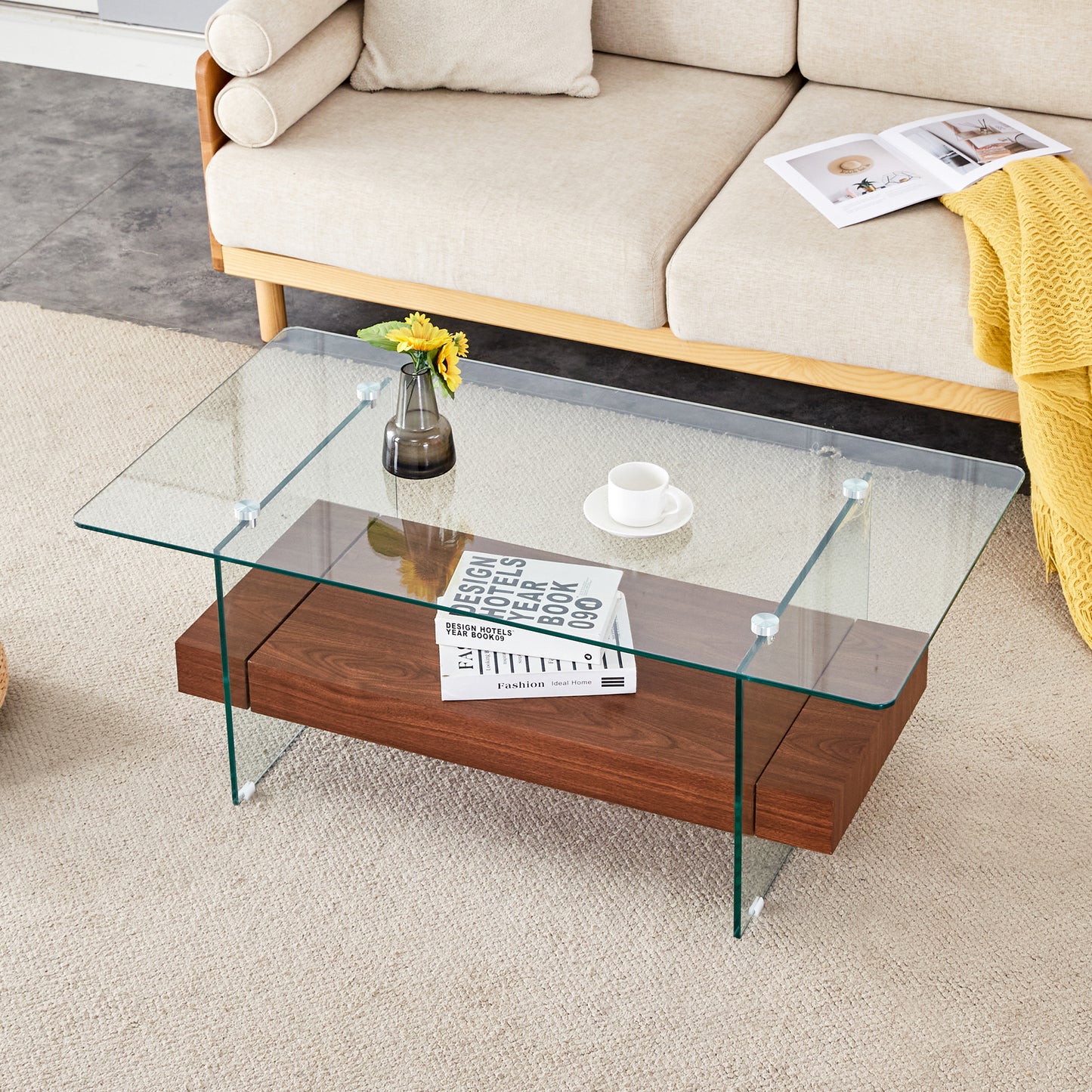 43.3 Inch Modern Two-Tier Coffee Table - An Elegant Combination of Clear Glass and Dark Wood Texture Sticker.It can be used not only as a coffee table but also as a side table or display stand.