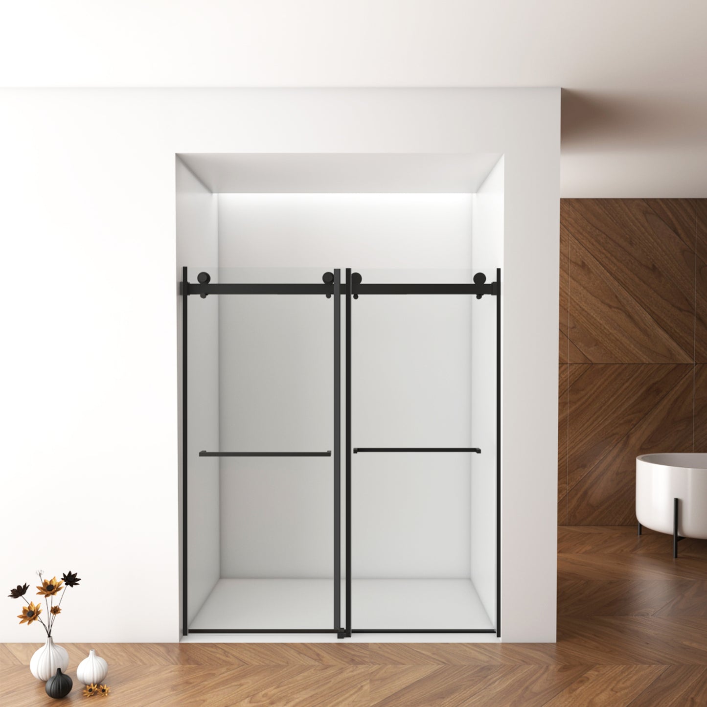 56'-60'W x 70'H Frameless Shower Door, Double Sliding Shower Door, 5/16'(8mm) Laminated Glass Premium Tempered Glass Shower Enclosure,Double Side Easy Clean Coat,Matte Black Finished With Buffer