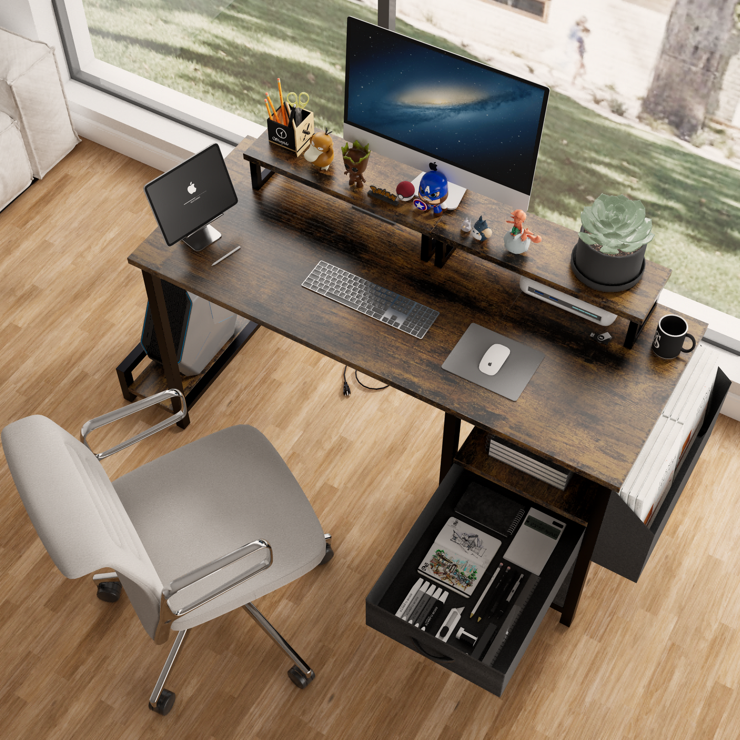 47.27'office desk with power outlet, 2 Monitor Stands and USB Ports,Gaming Desk with Storage Shelves,2 Fabric Drawers, Large Side Pocket,and hooks for Home Office Study, Rustic Brown
