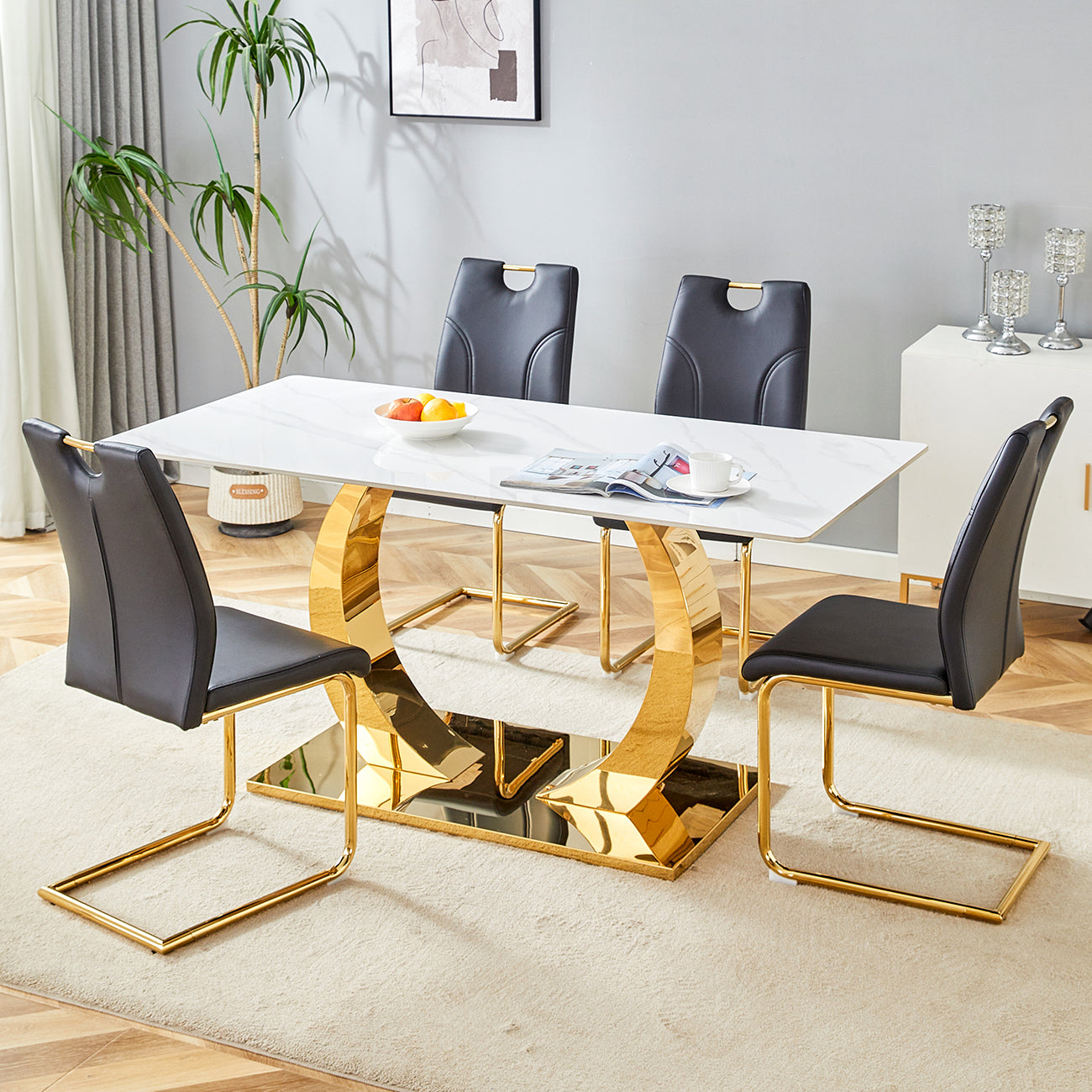 Table and chair set.63x31.5-inch Sintered Stone Table.Paired with 4 Uniquely designed black dining chairs with Golden Metal Leg.Modern Snow Mountain Stone White Design TableTop,Golden metal legs.