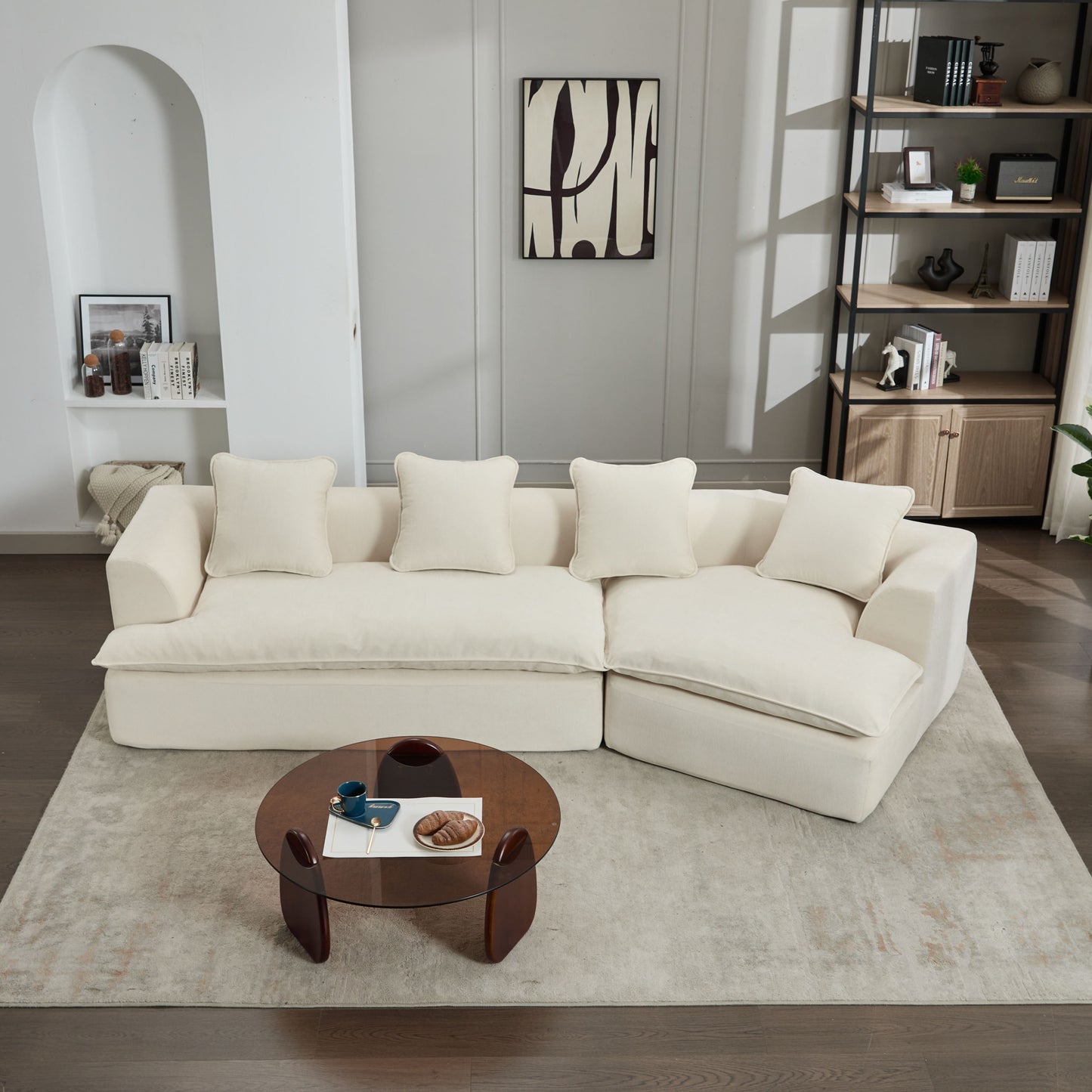 Modular Cushions Sofa Movable Ottoman, Minimalist Style Modular Sofa, ,Anti-wrinkle Fabric,Corner Low Back Deep Seat Spacious Sectional ,2 PC free combination for House Apartment Living Room Sets