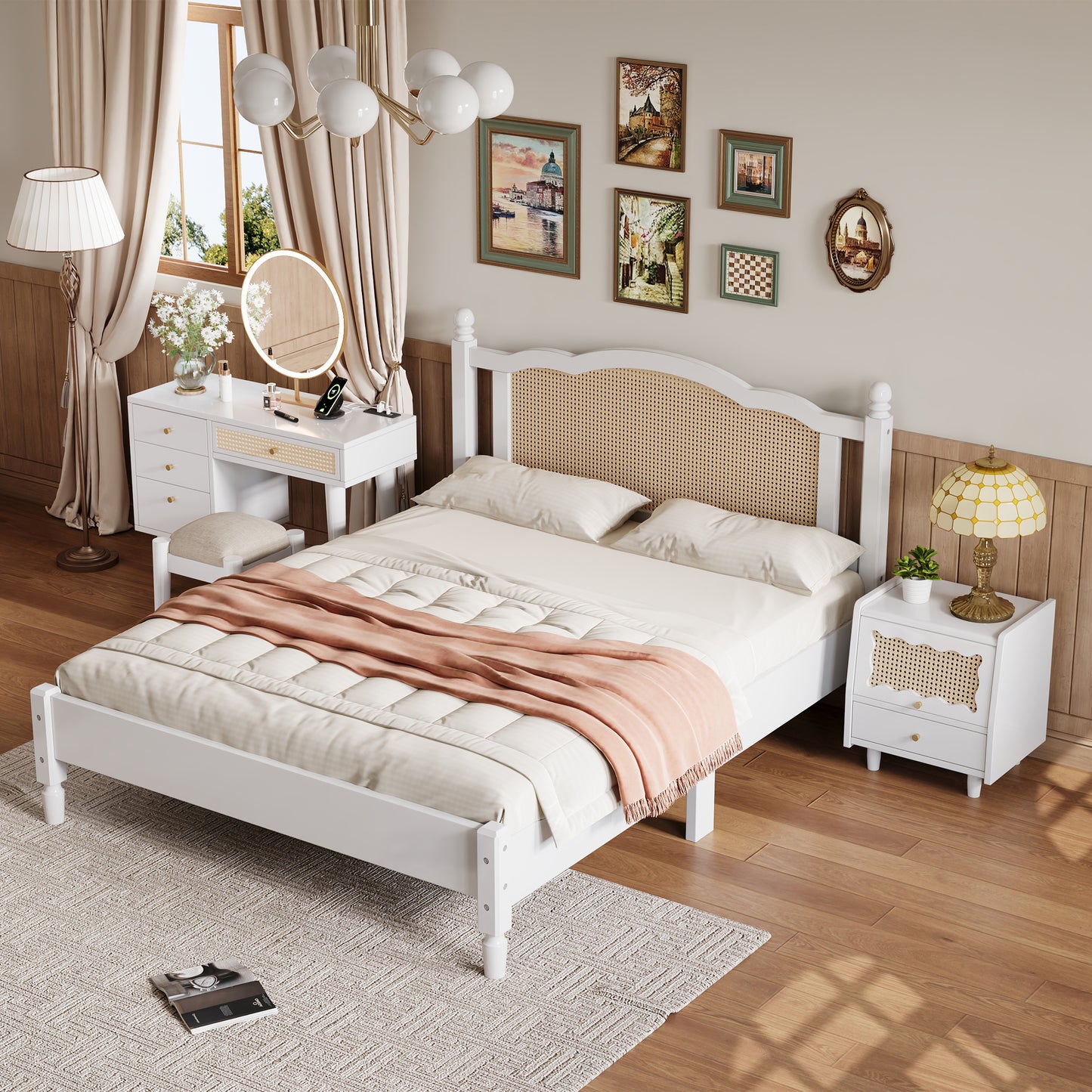 3 Pieces Bedroom Set with Queen Size Wooden Bed Frame, 1 Vintage Nightstand and 1 Makeup Vanity Set with Stool,White