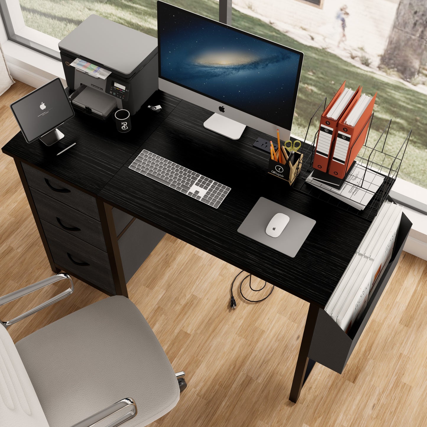 47.3'office desk with power outlet,3 drawers,Large Side Pocket, Desk Easy to Assemble,Frame stability Reversible, for home desk, computer desk, game table,Writing desk,Vanity table, black