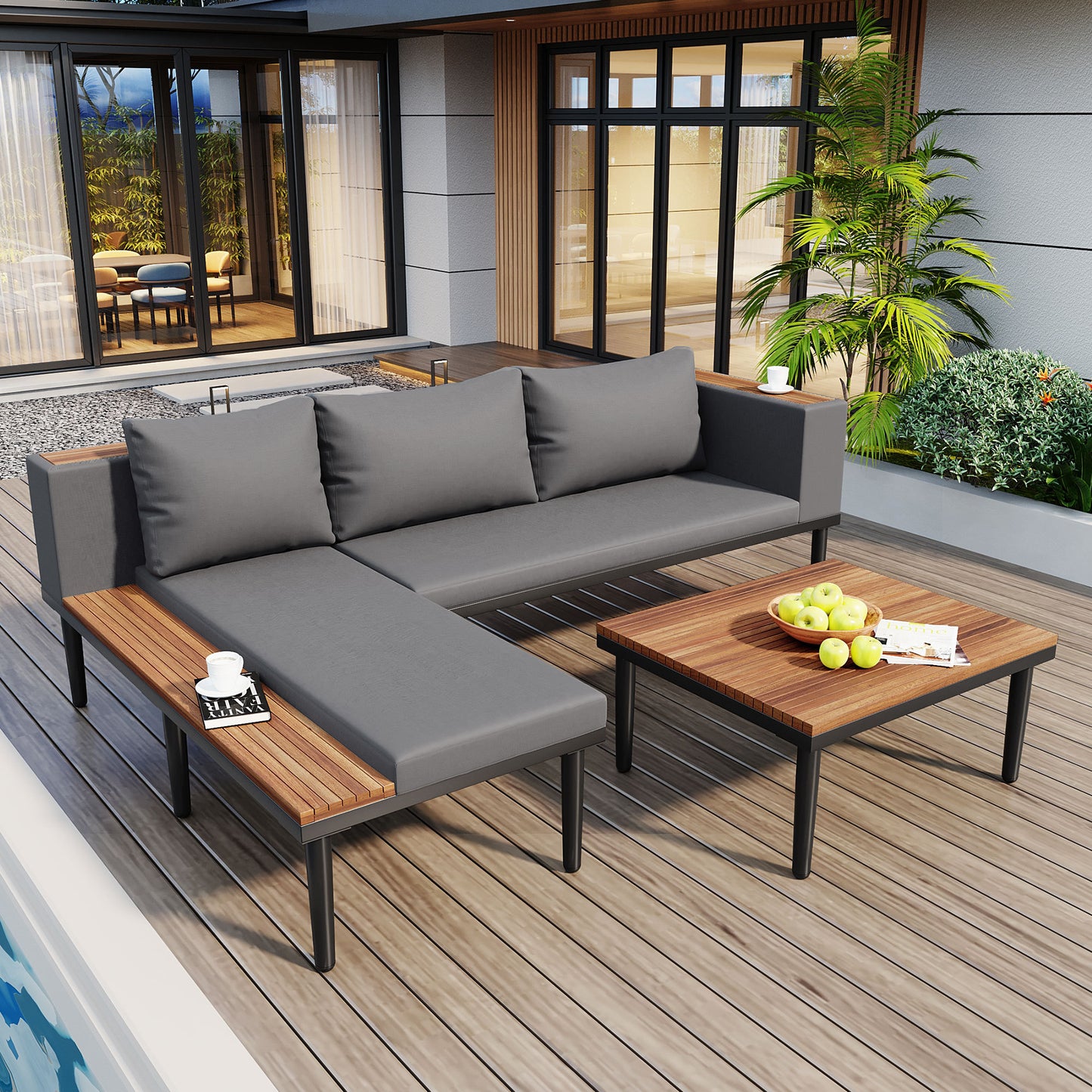 Luxury Patio Furniture Set with Removable Cushions and Coffee Table, L-Shaped Acacia Wood Sofa with Side table, Outdoor Conversation Sectional Sofa for Backyard, Porch, Gray