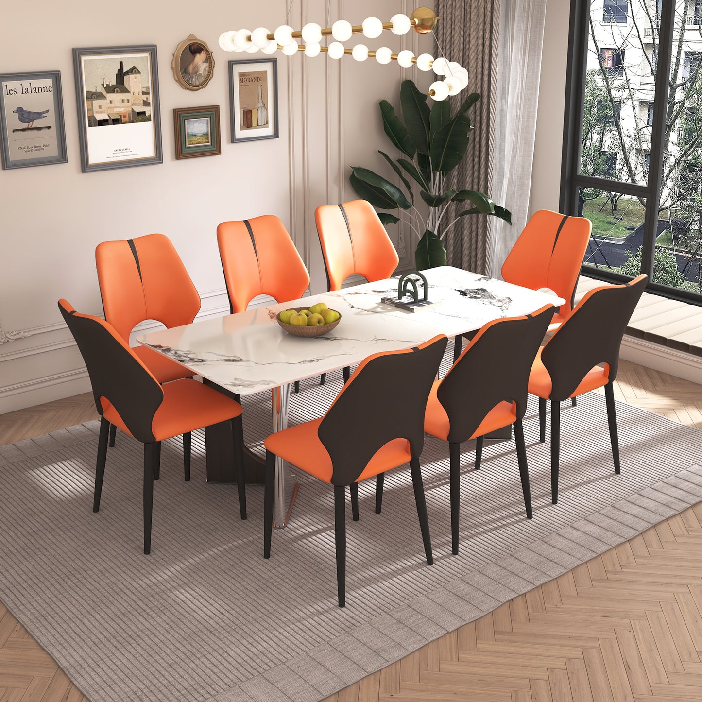 Marble Dining Table for 6-8, 79' Modern Luxury Dining Room Table for Kitchen, Carrara Gold Rectangular Table with Stainless Steel Base with 8 Chairs