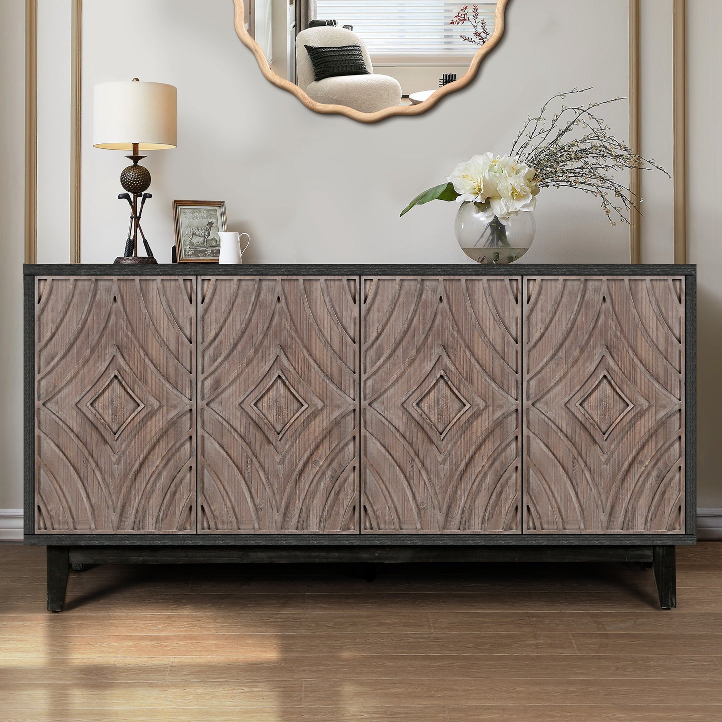 Mid Century Sideboard Buffet Cabinet with Solid Wood Legs 60' Kitchen Storage Cabinet Credenza with 4 Convex pattern diamond Doors and 2 Shelves Accent Console Table for Living Room Entrance Hall etc