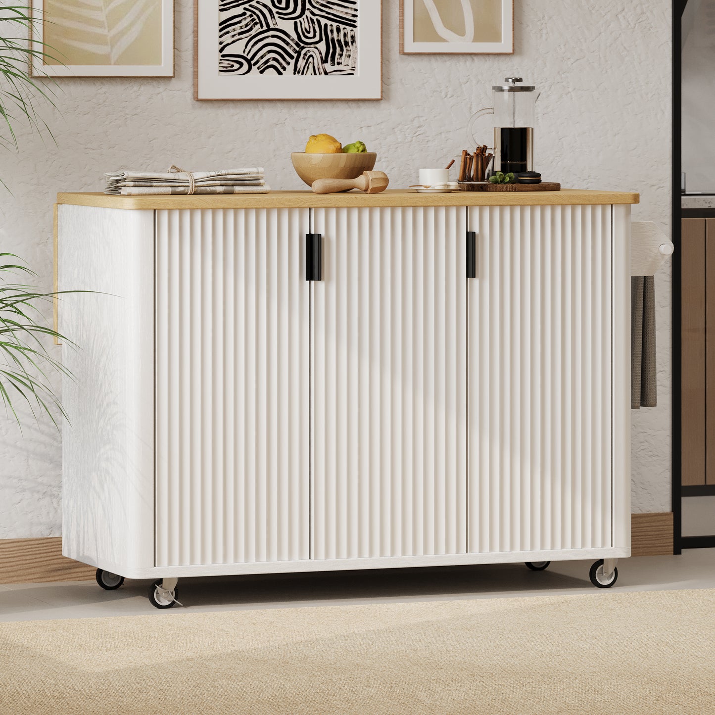 K&K 51' Fluted Kitchen Island with Drop Leaf, Farmhouse Accent Kitchen Island on Wheels with Internal Storage Rack, Rolling Kitchen Cart with Towel Rack for Kitchen, Dining Room, White Ash