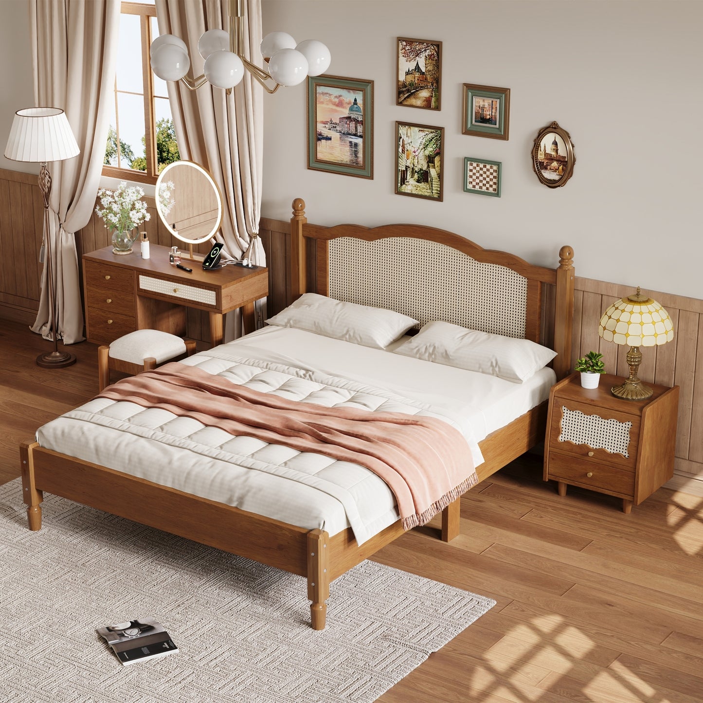 3 Pieces Bedroom Set with Queen Size Wooden Bed Frame, 1 Vintage Nightstand and 1 Makeup Vanity Set with Stool,Walnut