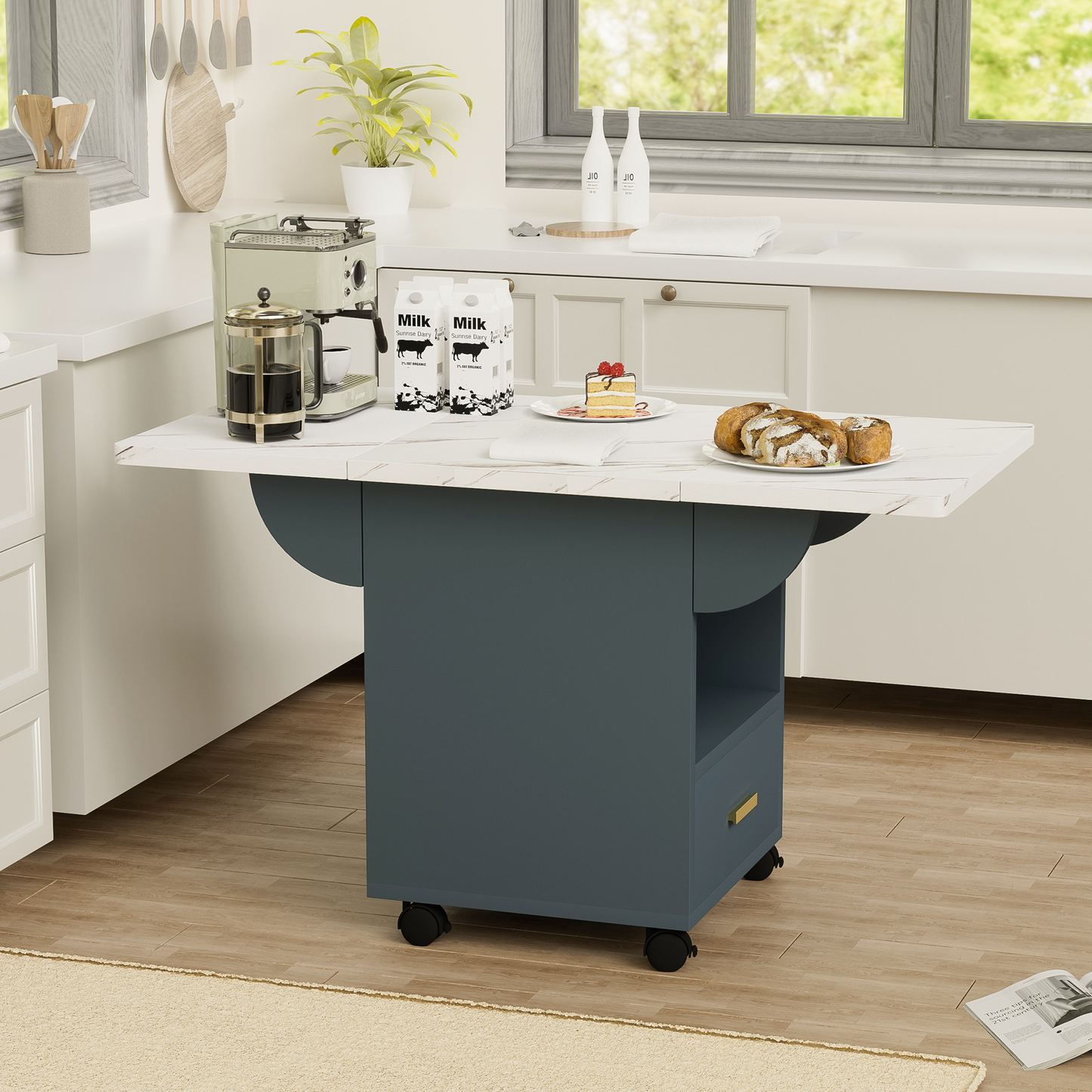 39.4' Wood Folding Dining Table with 4 Wheels, Wood Folding End Table with Wheels, Folding Dining Table with Storage Rack and 1 Drawers, Movable Kitchen Table Extendable Versatile Table Space Saving F
