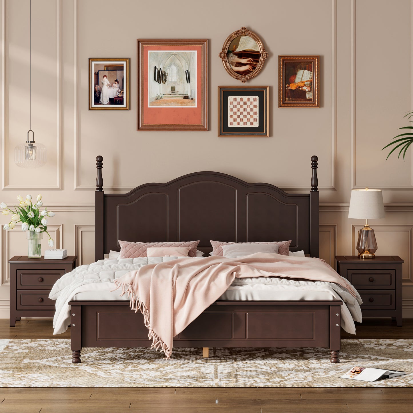 3-Pieces Bedroom Sets,Queen Size Wood Platform Bed and Two Nightstands-Dark Walnut