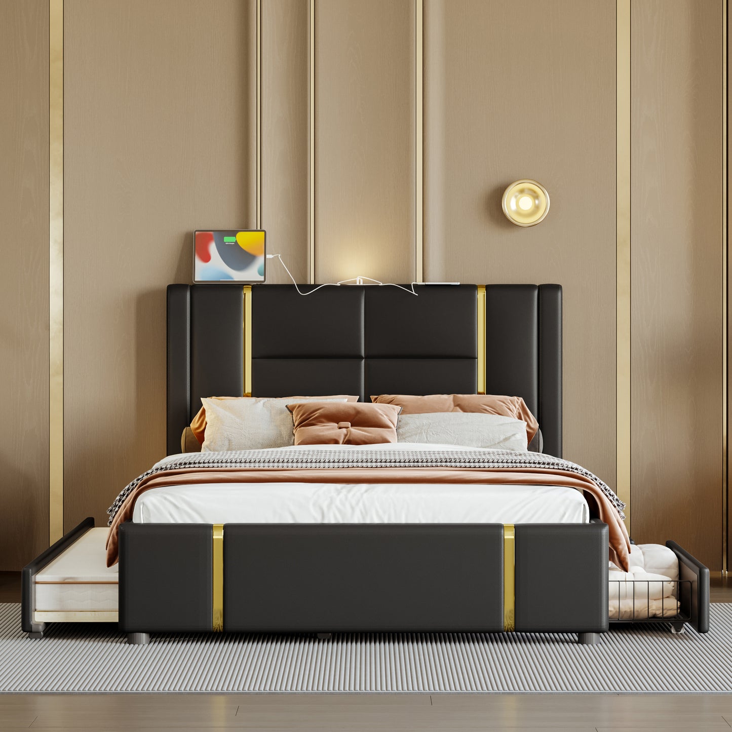Queen Size Upholstered Bed with Trundle Bed and 2 Drawers,Modern Platform Bed with Gold Decoration, Night Light and USB Charger, Black