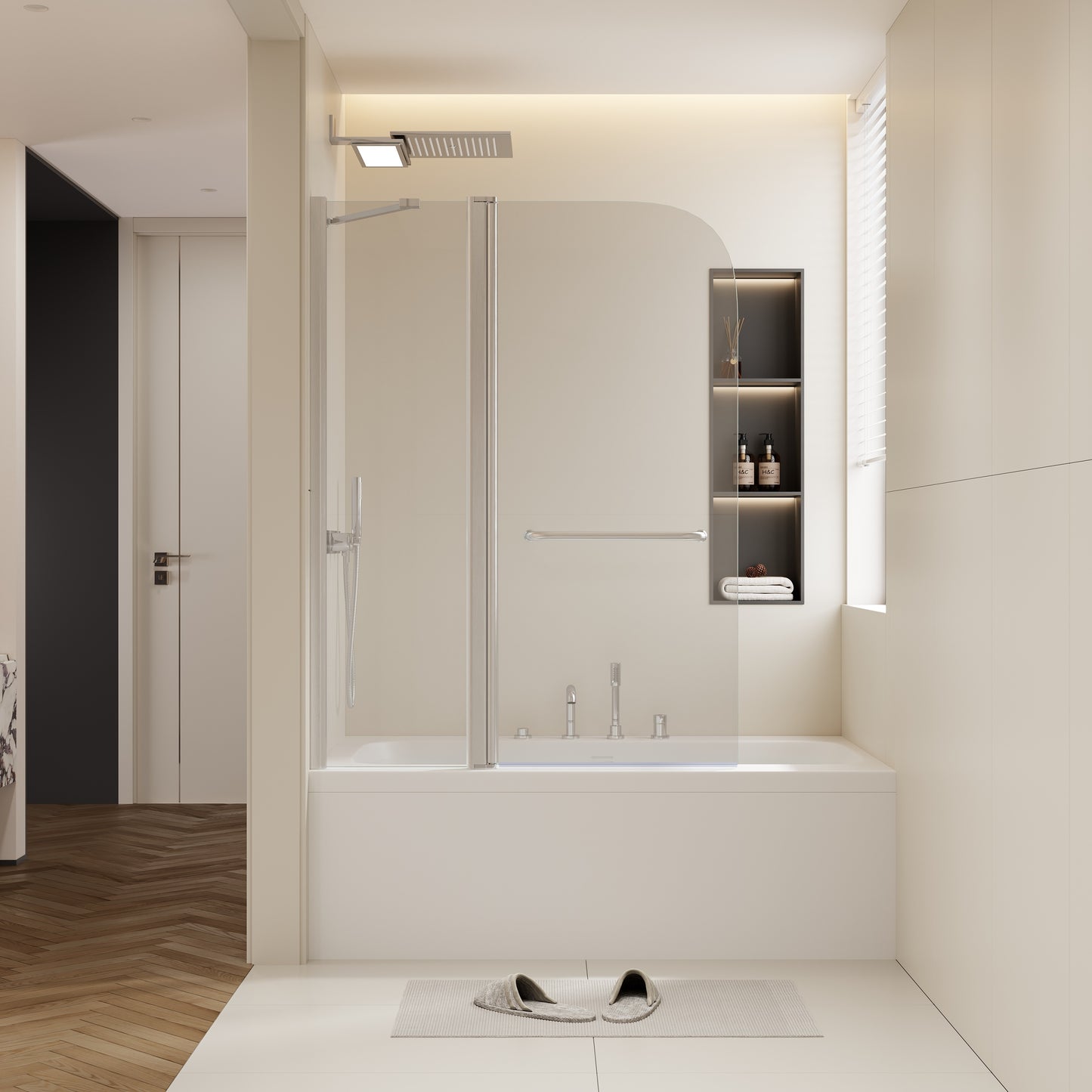 43 in. W * 58 in. H Rise and down rotation shaft door one fixed and one rotation shaft Shower Doors for Bathtub, 1/4' (6mm) Thick SGCC Tempered Glass Door, Aluminium Alloy Brushed Nickel finish
