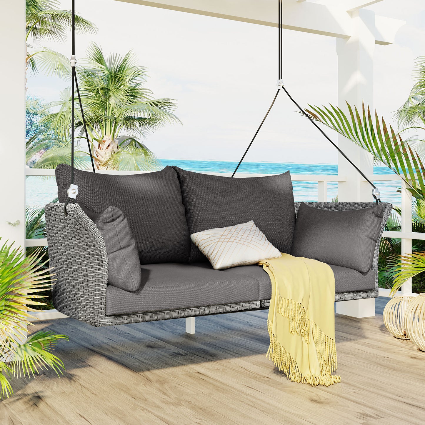 GO 51.9' 2-Person Hanging Seat, Rattan Woven Swing Chair, Porch Swing With Ropes, Gray Wicker And Cushion