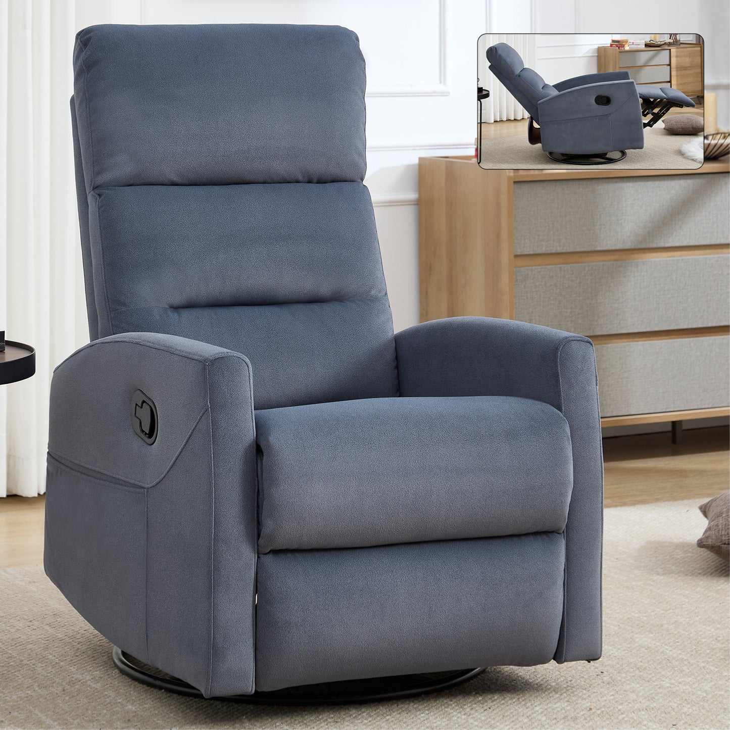 Manual Recliner Chair with Rocker and Swivel in Fabric for Living Room, Blue Grey