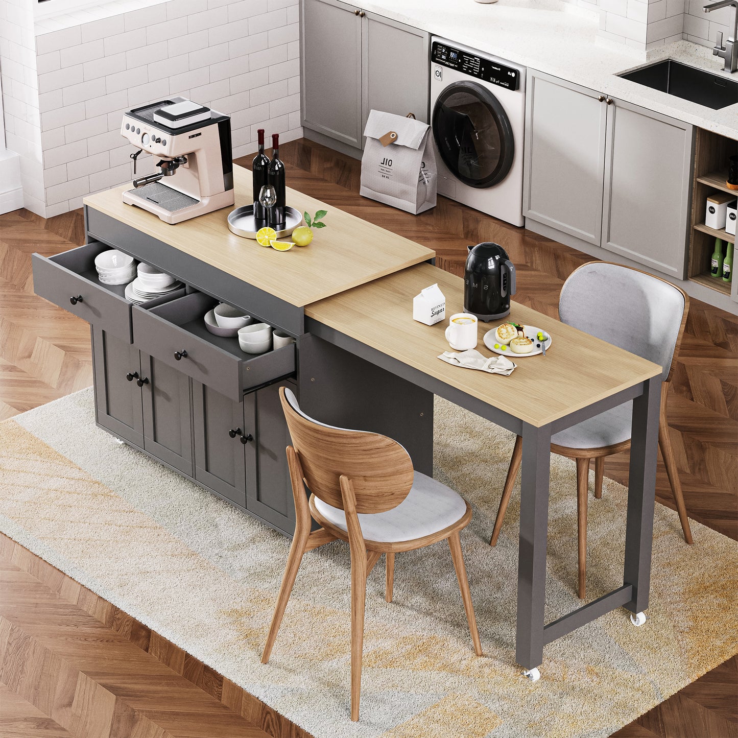 K&K 74.5 inch Kitchen Island with Extendable Dining Table , Rolling Kitchen Island on Wheels with Spice Rack and 2 Drawers, Kitchen Storage Cart with 4 Door Cabinet, for Kitchen, Dining Room, Grey