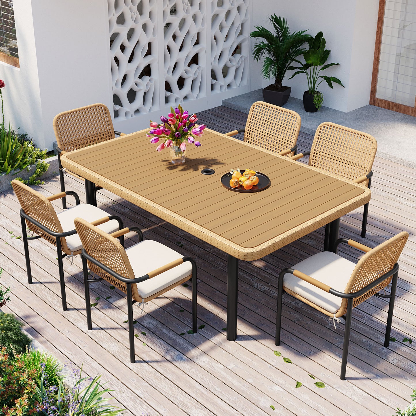 GO 7 Pieces Patio Dining Set, Outdoor Wicker Furniture Set, Plastic-wood Table Top with Umbrella Hole, Rattan Dining set for Backyard, Garden and Poolside,Beige Cushions
