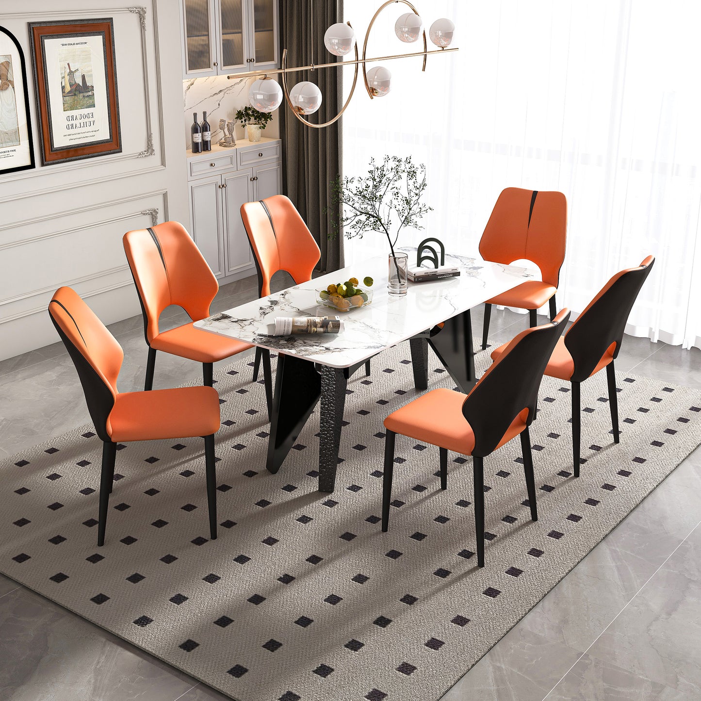 Marble Dining Table for 6-8, 71' Modern Luxury Dining Room Table for Kitchen, Carrara Gold Rectangular Table with Horse Stainless Steel Base for 4-6 People with 6 Chairs