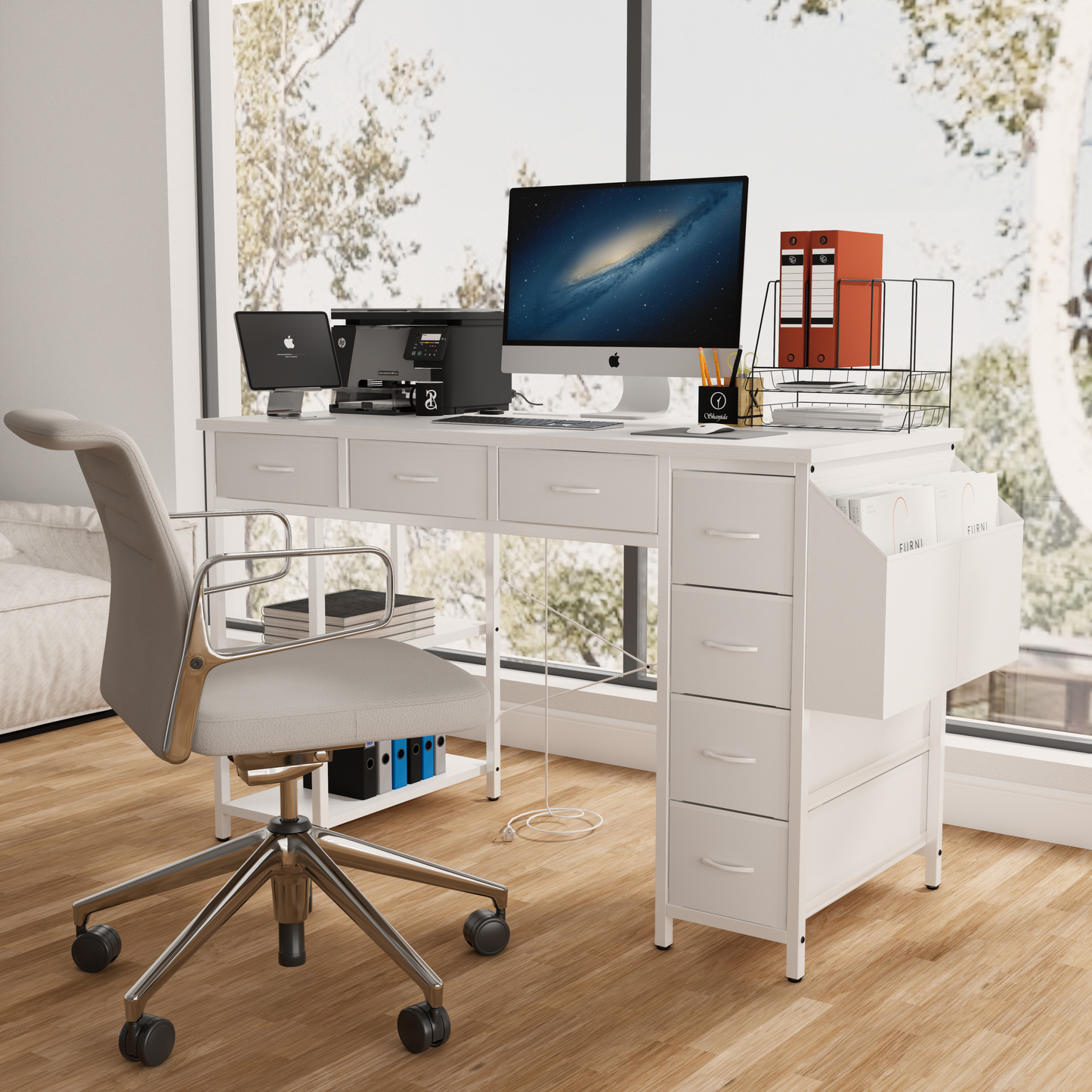 47' Computer Desk With Power Outlet,Writing Desk,Home Office desk,Vanity table with 7 Fabric Drawers, Large Side Pocket,White