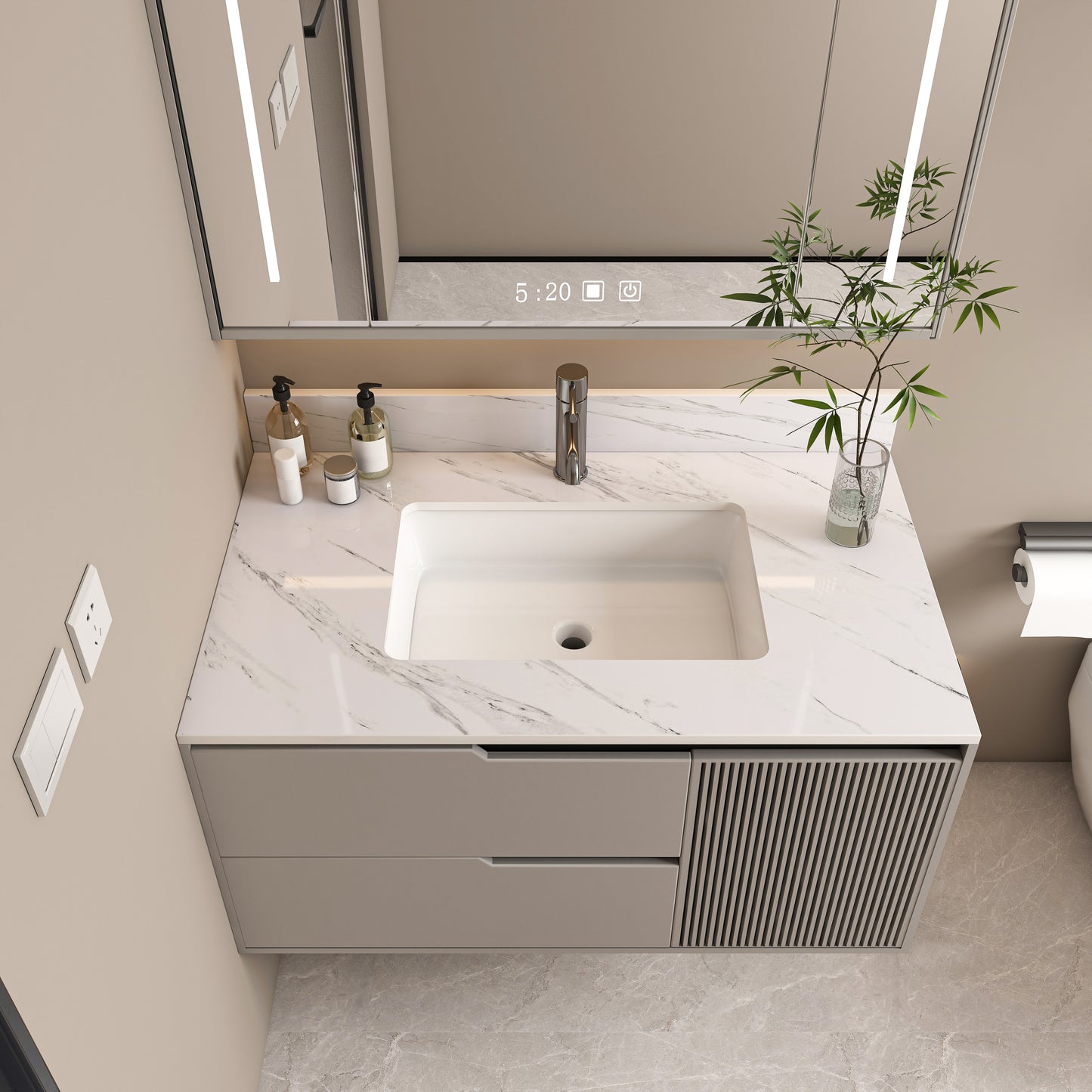 37 Inch Marble Vanity Top, White Vanity Top with 1 Pre-drilled Faucet Holes, Bathroom Vanity Top with Undermount Rectangular Middle Sink and 4' Height Backsplash, Bianco Carrara Venato