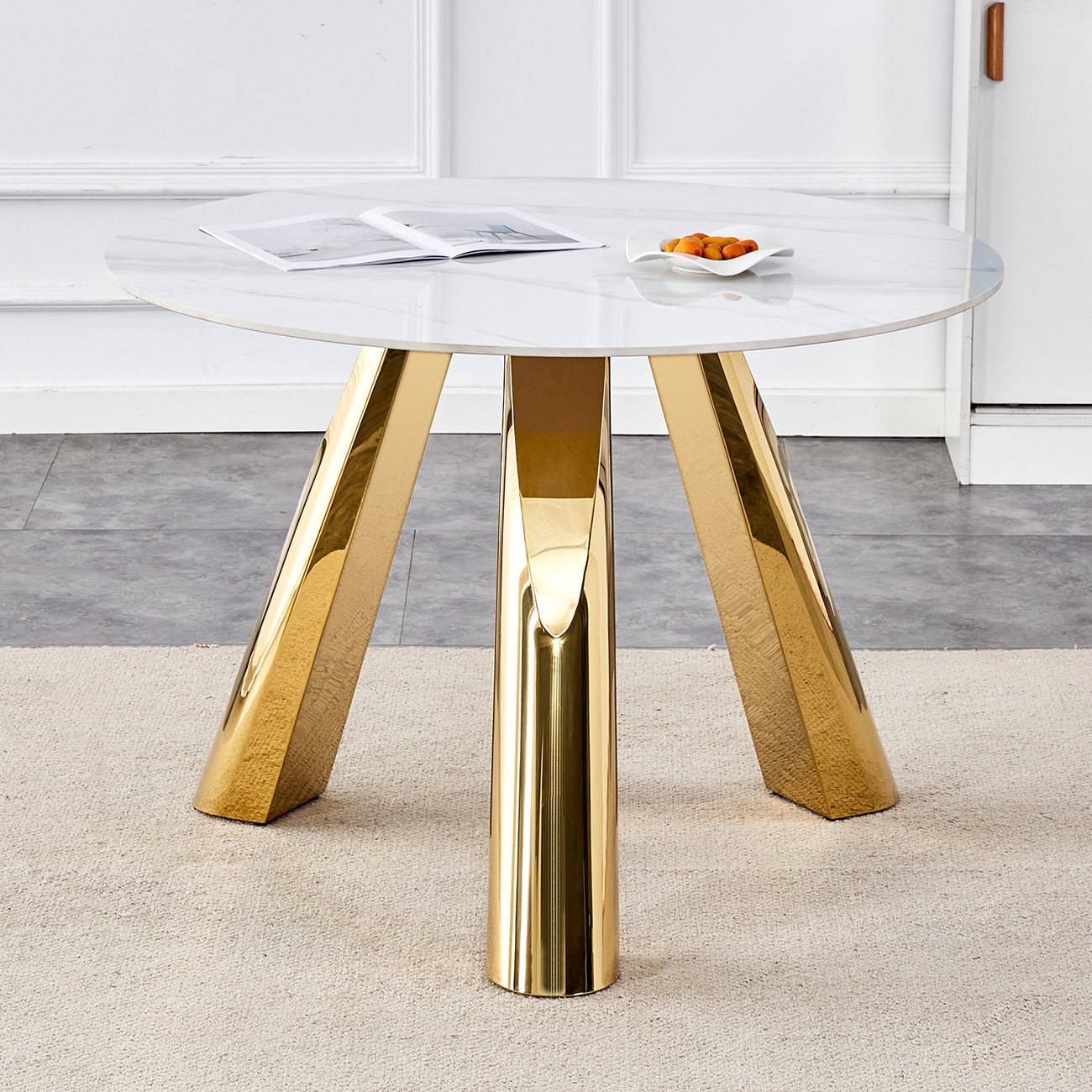 42-inch white marble grained stone round table three-legged round table with stainless steel gold-plated legs Natural healthy and environmentally friendly round table