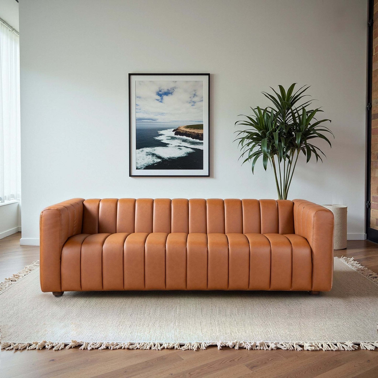Elrosa Channel Tufted Cognac Vegan Leather Sofa