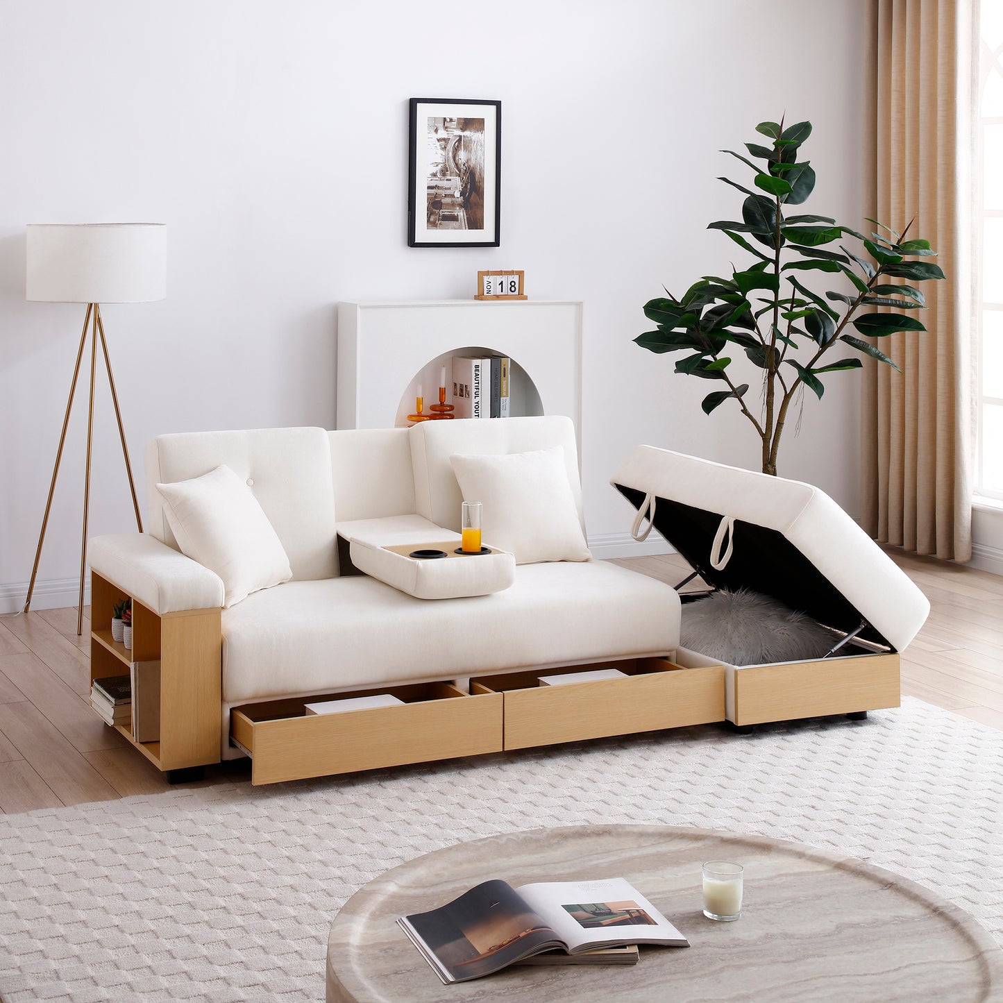 Convertible Sleeper Sofa Couch,Multifunctional Double Folding Sofa Bed,Storage Ottoman and Sofa arm with box and drawer, Drop Down Table with 2Cup Holders for Living room,Apartment,Office,Beige