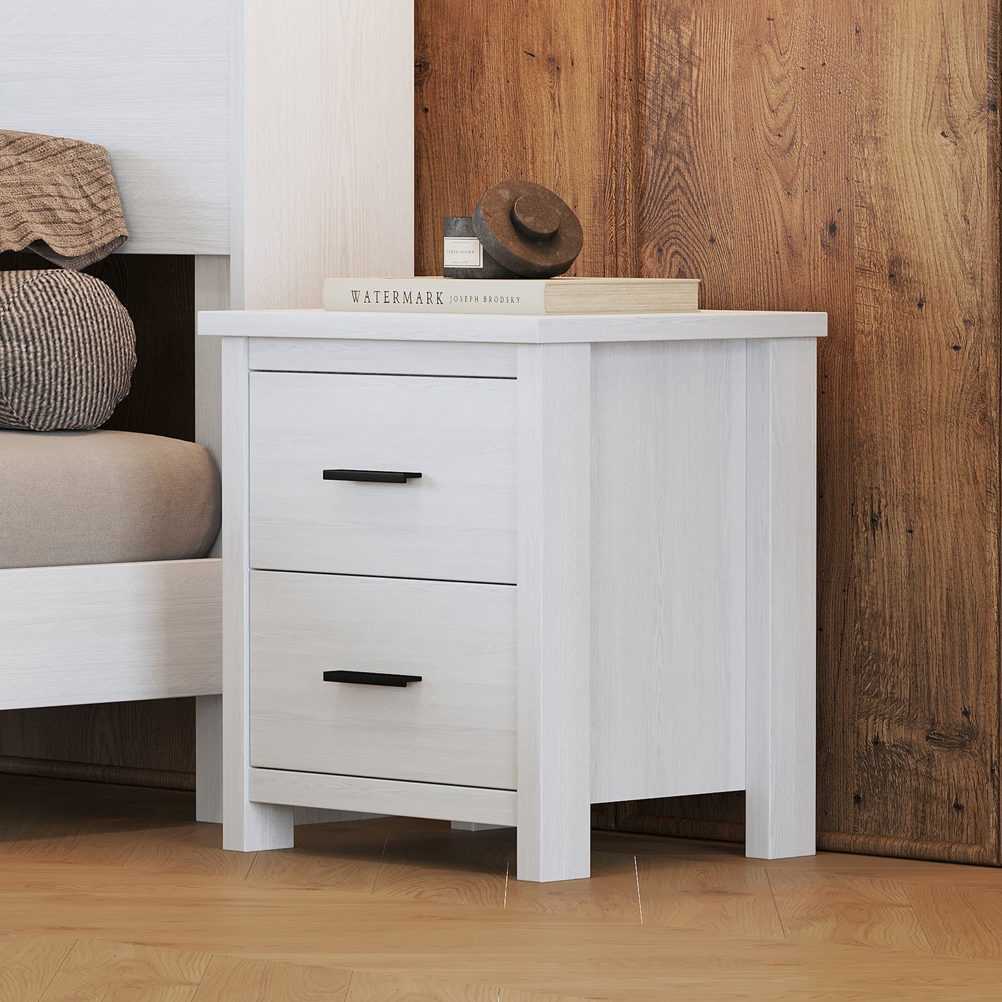 Vintage Two Drawer Wooden Nightstand, Simple and Generous, Large Storage Space,White