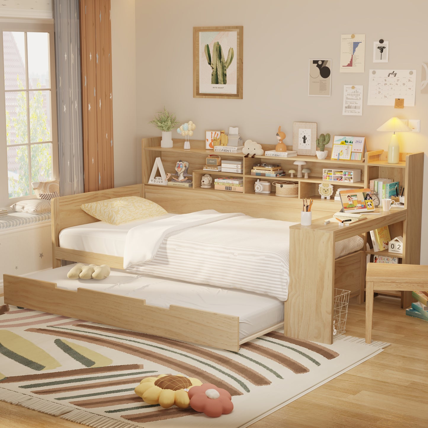 Wooden Twin Size Daybed with Storage Shelves, Multi-functional Bed with Twin Size Trundle Bed and Study Desk, Natural
