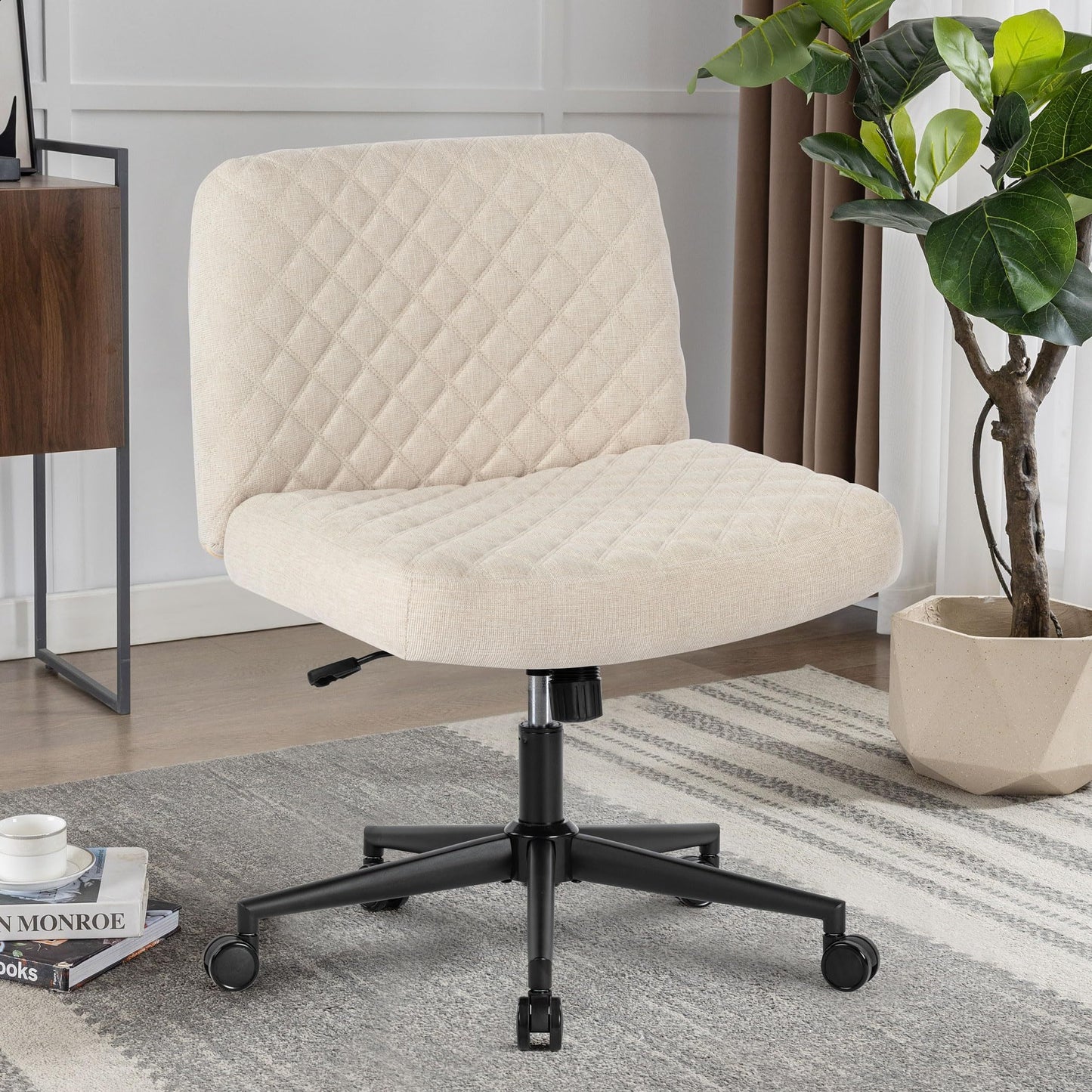 Armless Fabric Office Desk Chair,Modern Home Office Chair With Wheels With Heavy Duty Metal Base,120° Rocking Wide Seat Ergonomic Chair Computer Task Chair,Thicken Padded Swivel Vanity Chair for Women
