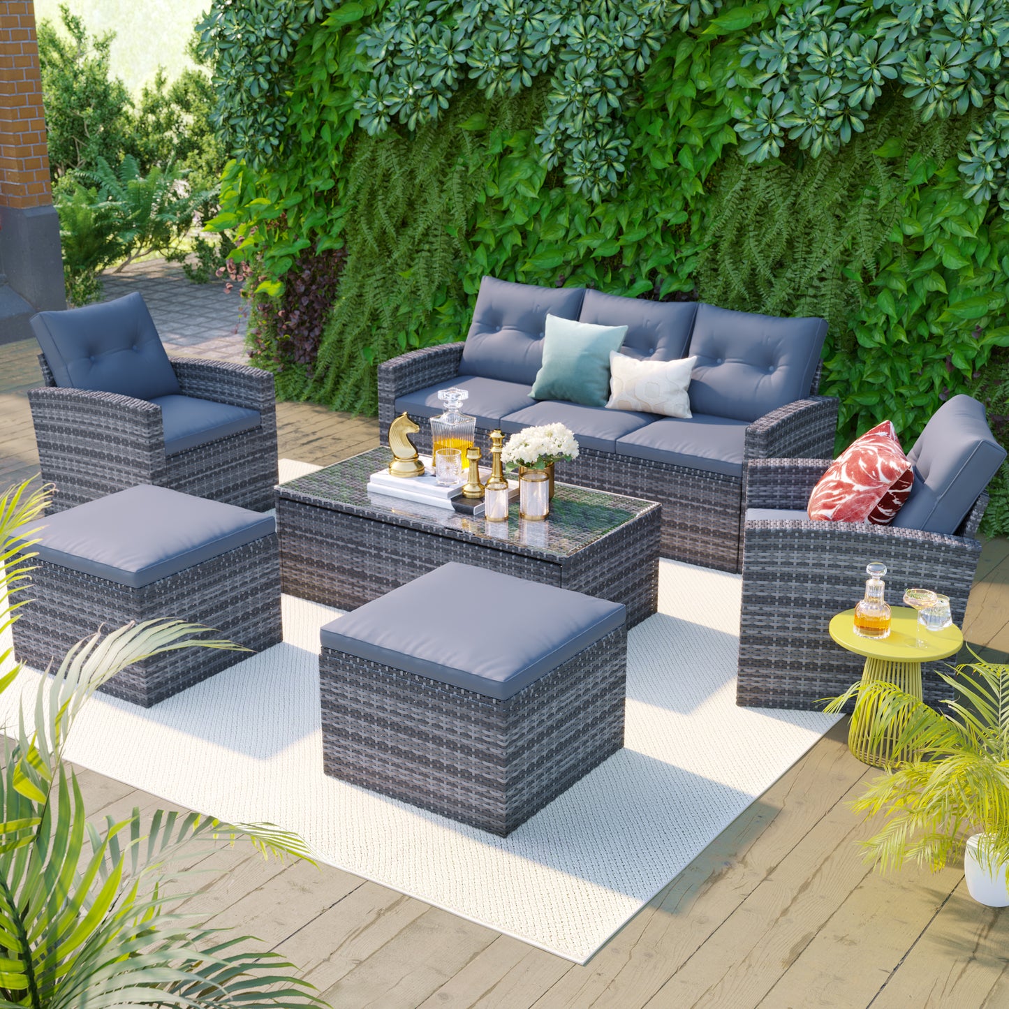 GO 6-piece All-Weather Wicker PE rattan Patio Outdoor Dining Conversation Sectional Set with coffee table, wicker sofas, ottomans, removable cushions (Dark grey wicker, Light grey cushion)