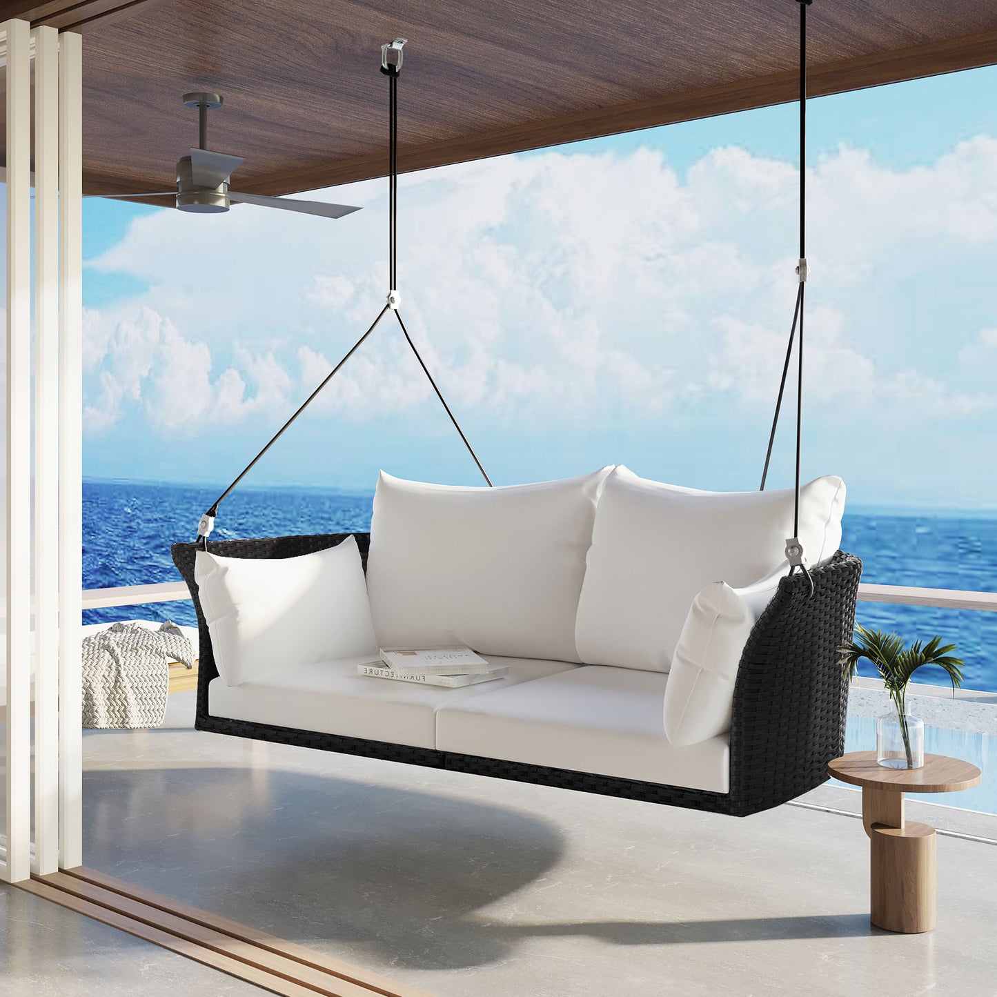 GO 51.9' 2-Person Hanging Seat, Rattan Woven Swing Chair, Porch Swing With Ropes, Black Wicker And White Cushion