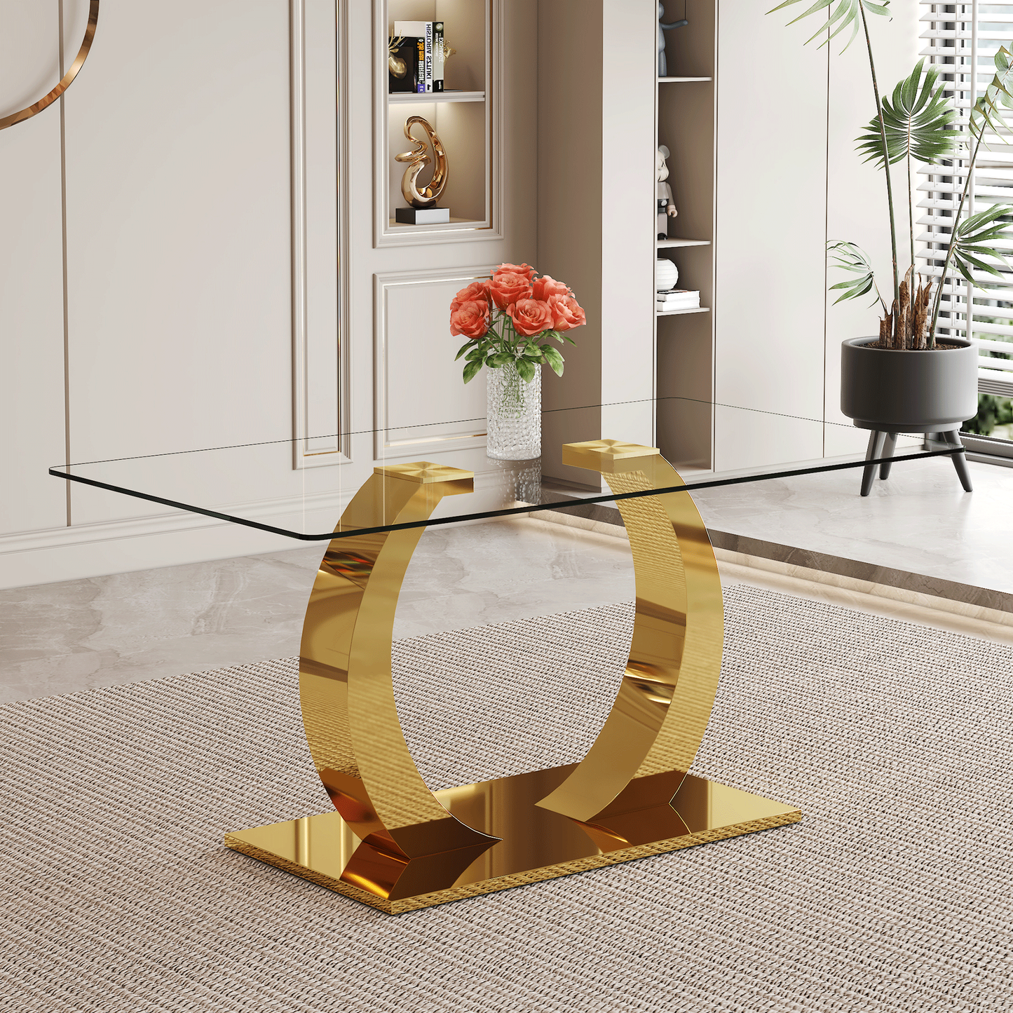 63 x 35.4 x 30-inch Transparent Glass Dining Table - A Perfect Blend of Durability and Elegance.Transparent Tempered Glass Tabletop,Golden stainless steel metal table legs.