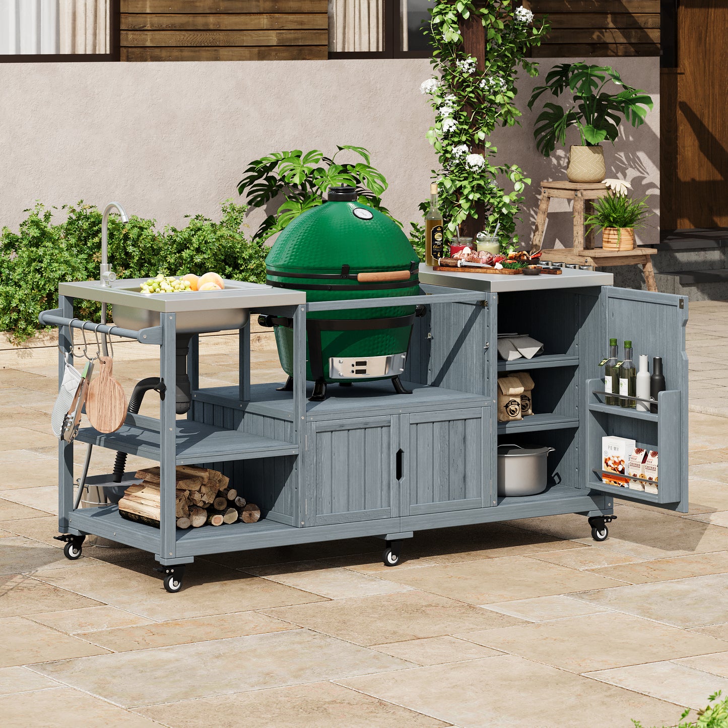 K&K 75.4' Outdoor Kitchen Island with Sink, Solid Wood Outdoor Grill Cart for XL Green Egg Grills, Rolling Outdoor Bar Cart with Stainless Steel Top, for Pizza Prep & BBQ, Grey Blue