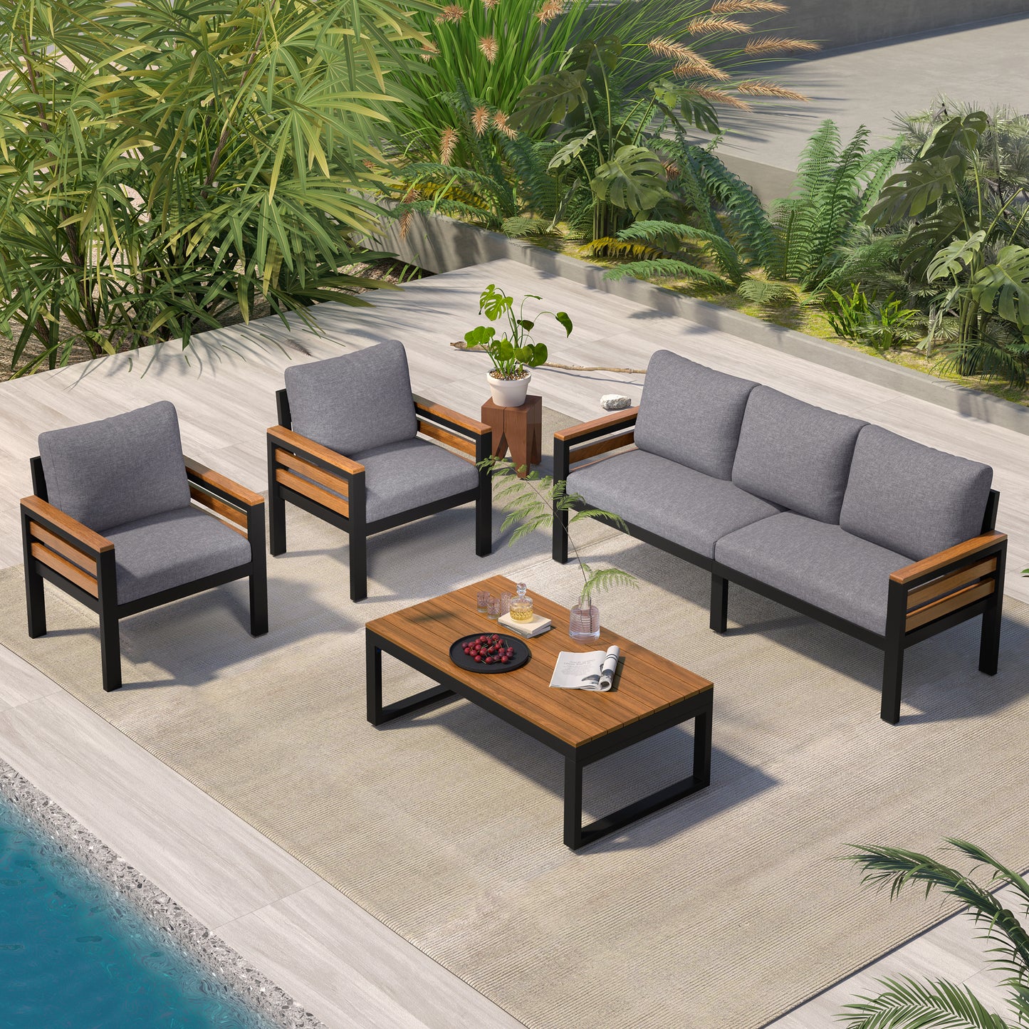 GO 4-Piece Outdoor Furniture Sofa Set for 5 People with Acacia Wood Armrests, Patio Conversation Set with Removable Cushion and Solid Wood Coffee Table for Garden and Backyard, Grey