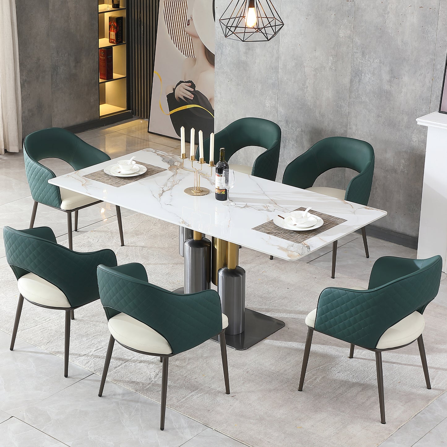 Modern Dining Table , White Dining Table Sintered Stone Dining Table Top with stainless steel base, 71 inch Modern Luxury White Rectangular Dining Table(6 chairs)