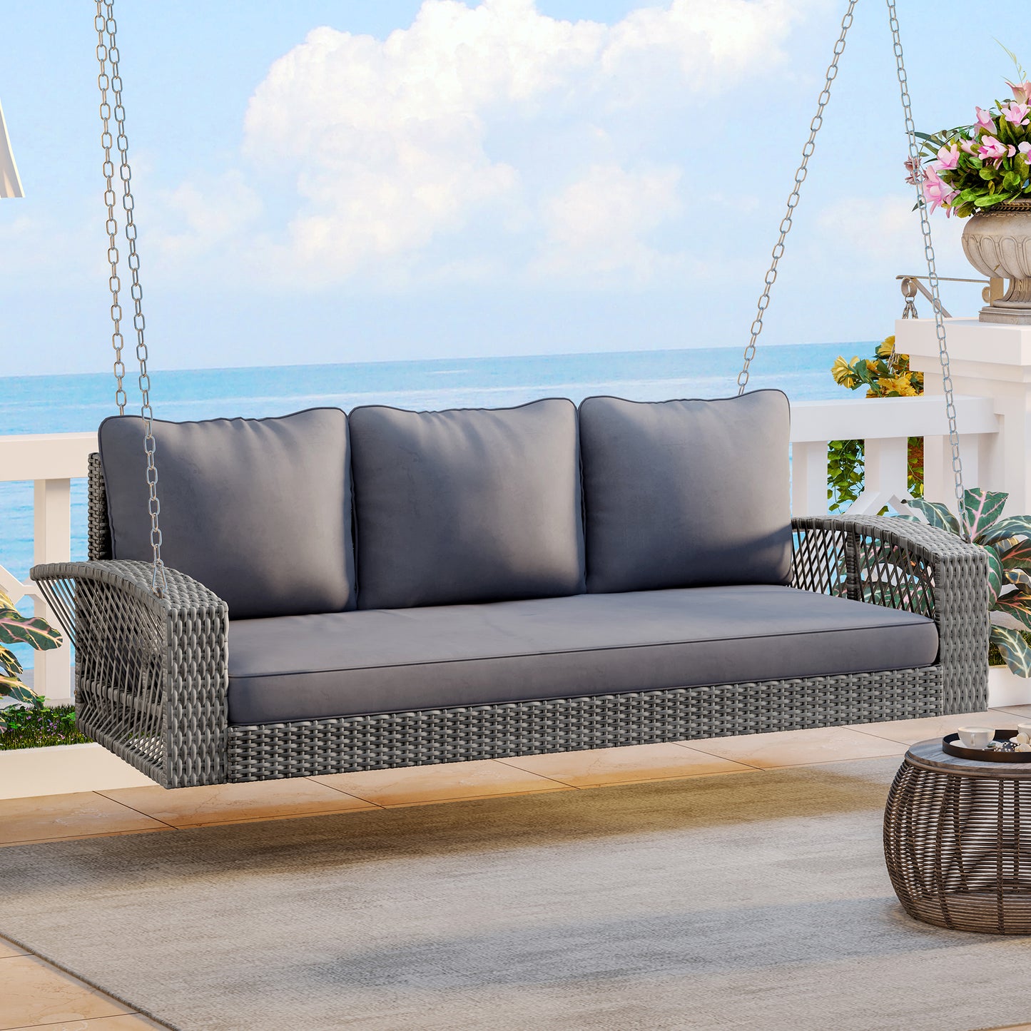 GO 69' PE Wicker 3-Person Porch Swing with Chains, Large Patio Swing Bench with Cushions for Backyard, Garden, and Poolside, Gray69'