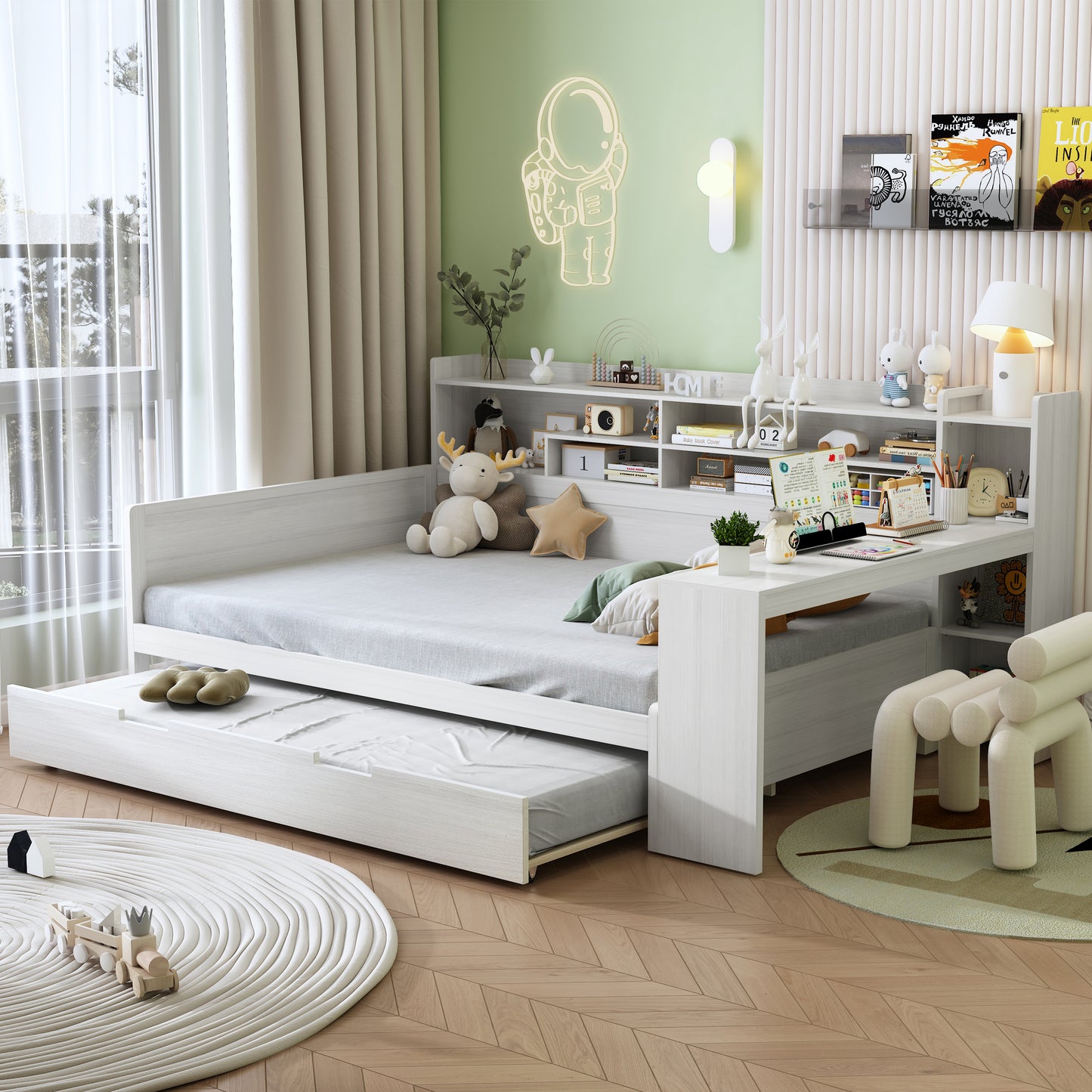Wooden Full Size Daybed with Storage Shelves, Multi-functional Bed with Twin Size Trundle Bed and Study Desk, Antique White