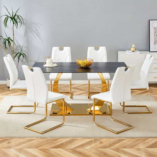 Table and chair set.63x31.5-inch Sintered Stone Dining Table.Paired with 6 Uniquely designed white dining chairs with Golden Metal Leg.Black Texture Design Tabletop,Golden stainless steel table leg.