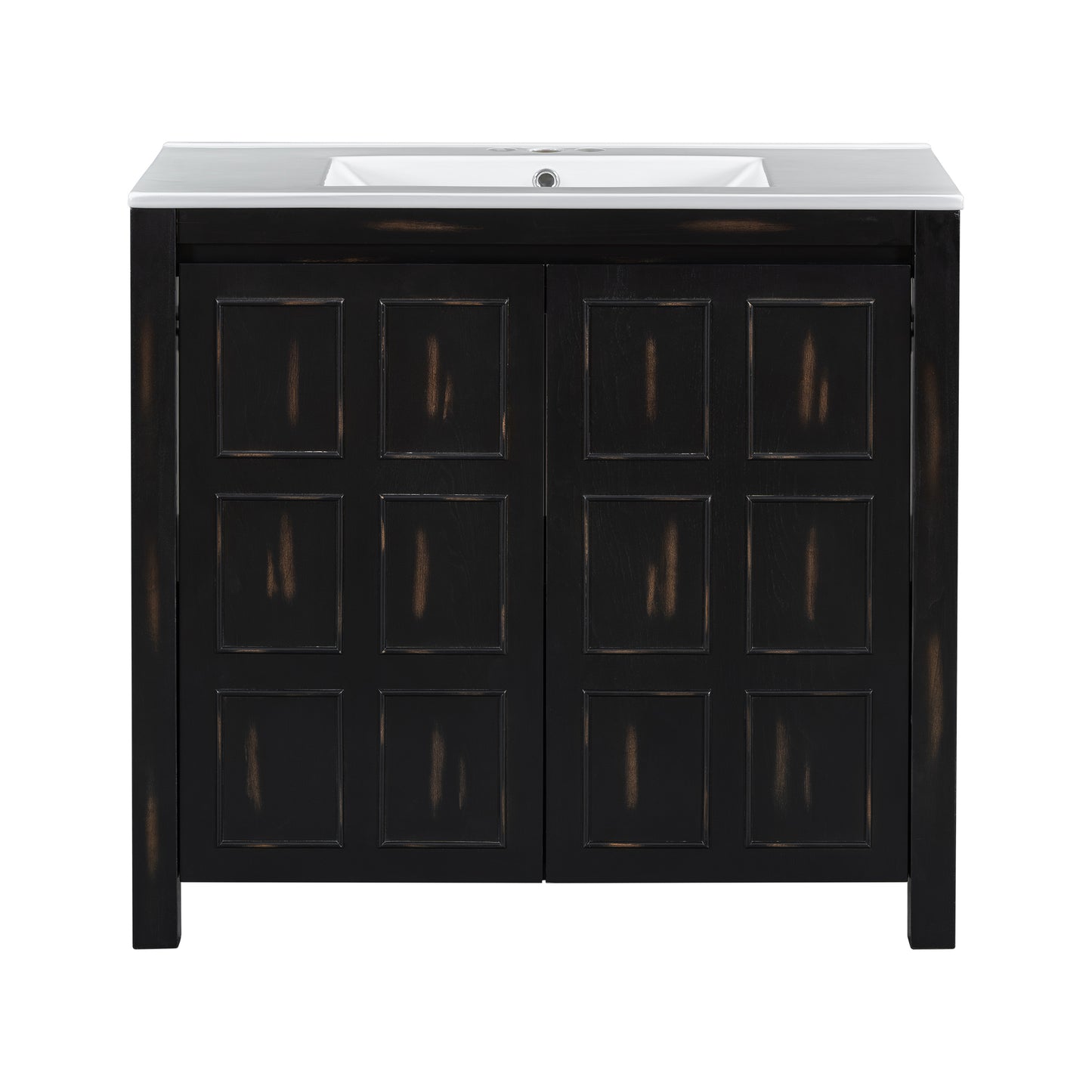 Retro Espresso Bathroom Vanity Organizer with Ceramic Sink, Handcrafted Solid Wood Storage Cabinet, 36-Inch