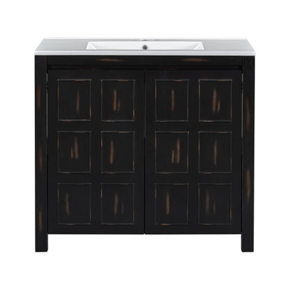Retro Espresso Bathroom Vanity Organizer with Ceramic Sink, Handcrafted Solid Wood Storage Cabinet, 36-Inch
