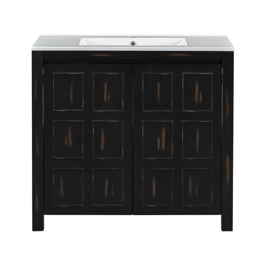 Retro Espresso Bathroom Vanity Organizer with Ceramic Sink, Handcrafted Solid Wood Storage Cabinet, 36-Inch