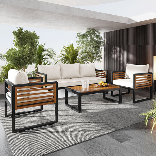 GO Large Size 4-pieces Outdoor Furniture sofa for 5 Person Conversation Set, Garden Sofa Set With Removable Cushion, Metal And Wood Frame Sofa set, Thick Cushions, Acacia Wood Tabletop, Beige